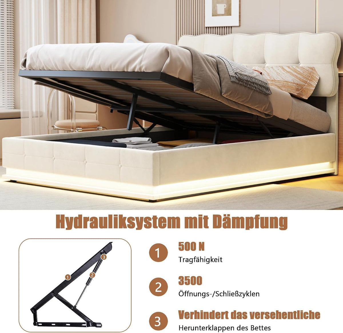 BRILVERDE Cama Tapizada 140x200 con Almacenamiento hidráulico, Cama matrimonial con Toma USB y luz LED, Cabecero Acolchado y Base de Láminas, Terciopelo (Beige, 140 x 200 cm)