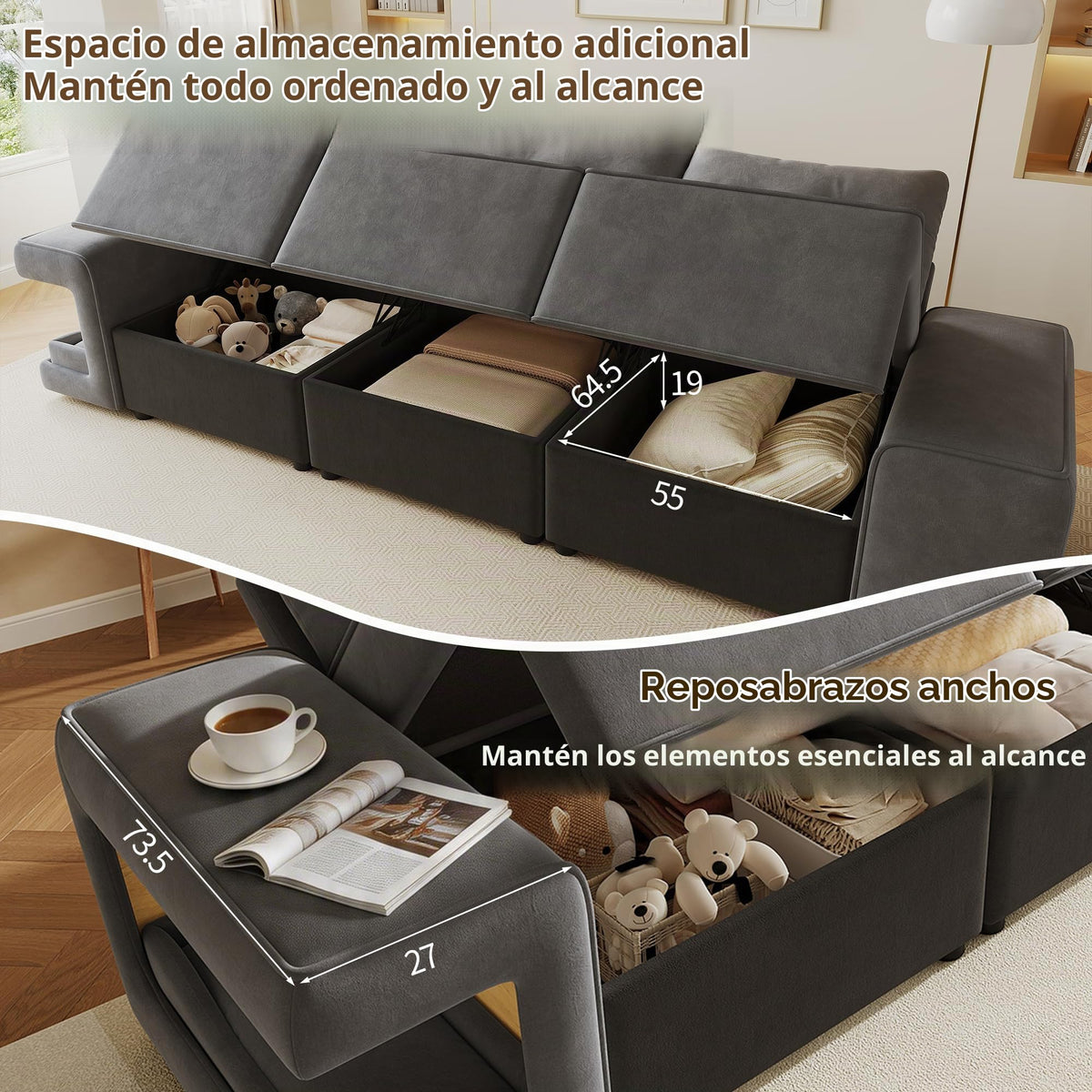 Sofá modular de 6 plazas, sofá esquinero en forma de L/U, puertos USB/tipo C, portavasos y espacio de almacenamiento, tela de chenilla, 7 cojines, salón, dormitorio y oficina, color beige