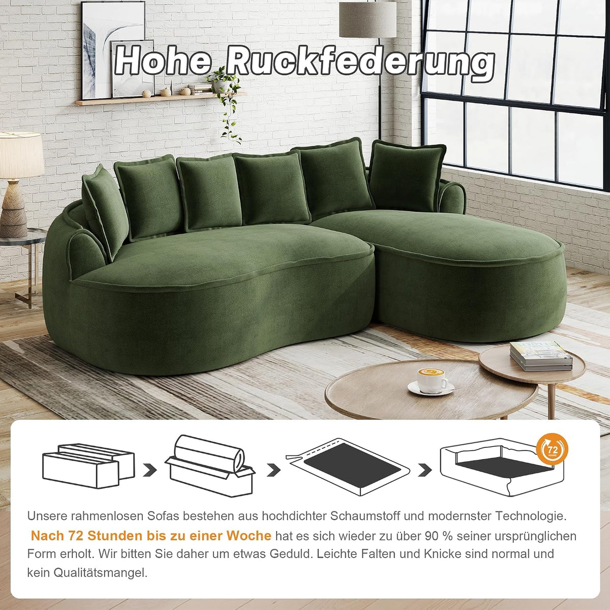 Sofá modular en forma de L sin marco, cómodo sofá de chenilla nube con asiento profundo, chaise longue moderno, extra grande, cojín ideal para salón, color verde