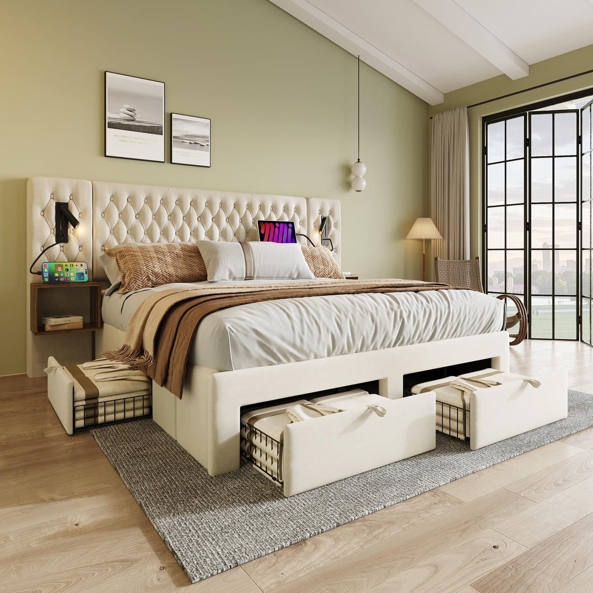 Juego completo de cama para dormitorio, cama doble tapizada de 160 x 200 cm, con 2 mesitas de noche y 4 cajones, cabecero de luz de lectura con función de carga USB, terciopelo, sin colchón