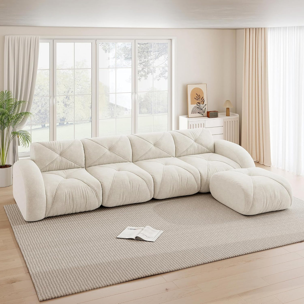 Sofá de esquina en forma de L de 4 plazas con reposapiés, sofá modular Cloud sin marcos de chenilla, sofá de estar suave, antideslizante, combinable de forma flexible, sin montaje, salón color