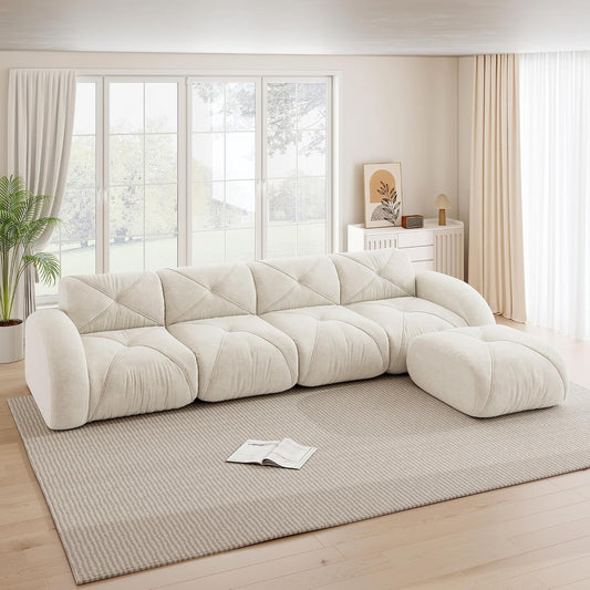Sofá de esquina en forma de L de 4 plazas con reposapiés, sofá modular Cloud sin marcos de chenilla, sofá de estar suave, antideslizante, combinable de forma flexible, sin montaje, salón color
