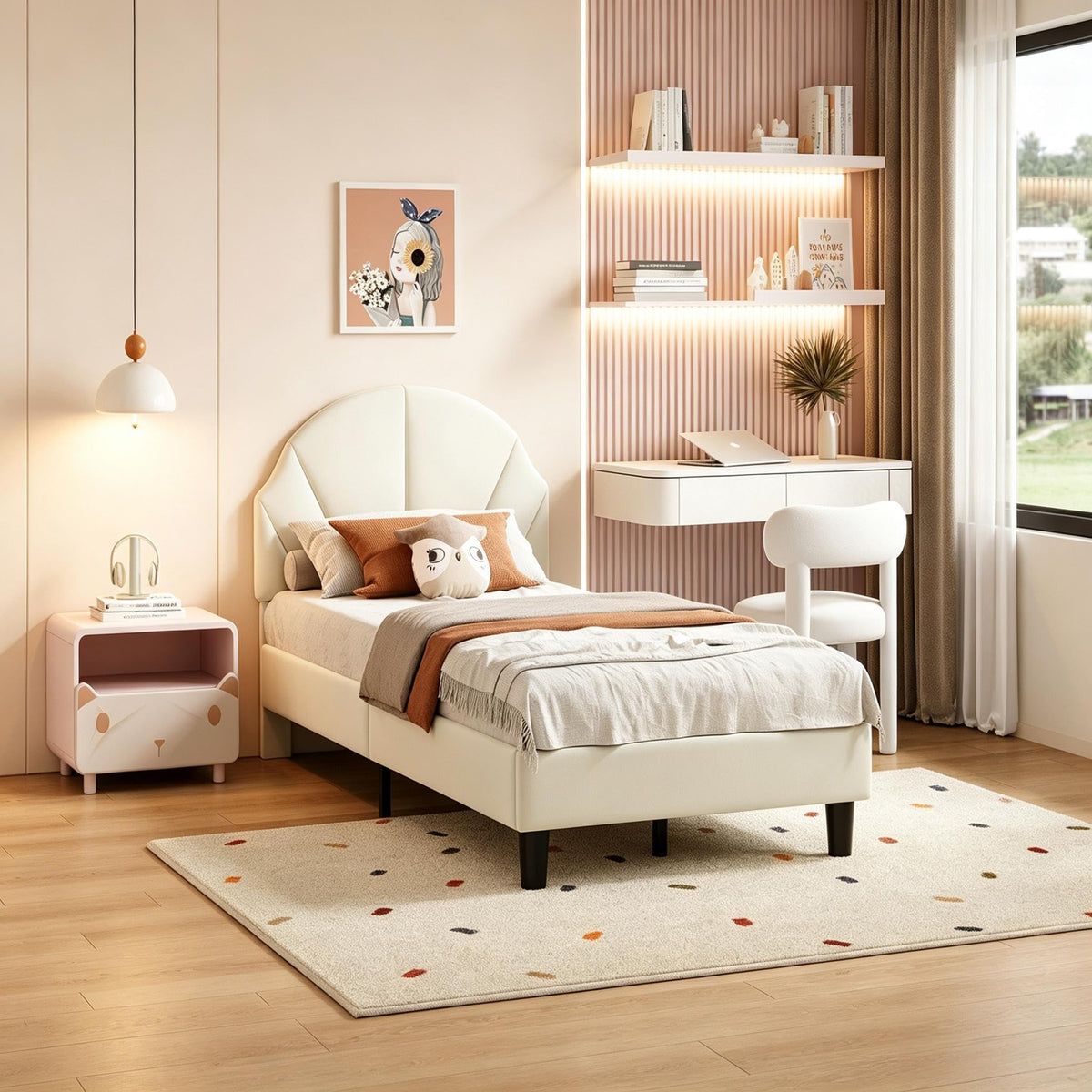 Cama Infantil tapizada 140 x 200 cm con LED, Cama tapizada para niños 140 x 200 con cabecera Ajustable Marco de Camas, Camas de Princesa para Niña en Forma de Corona con Somier(Rosa, 140 x 200)