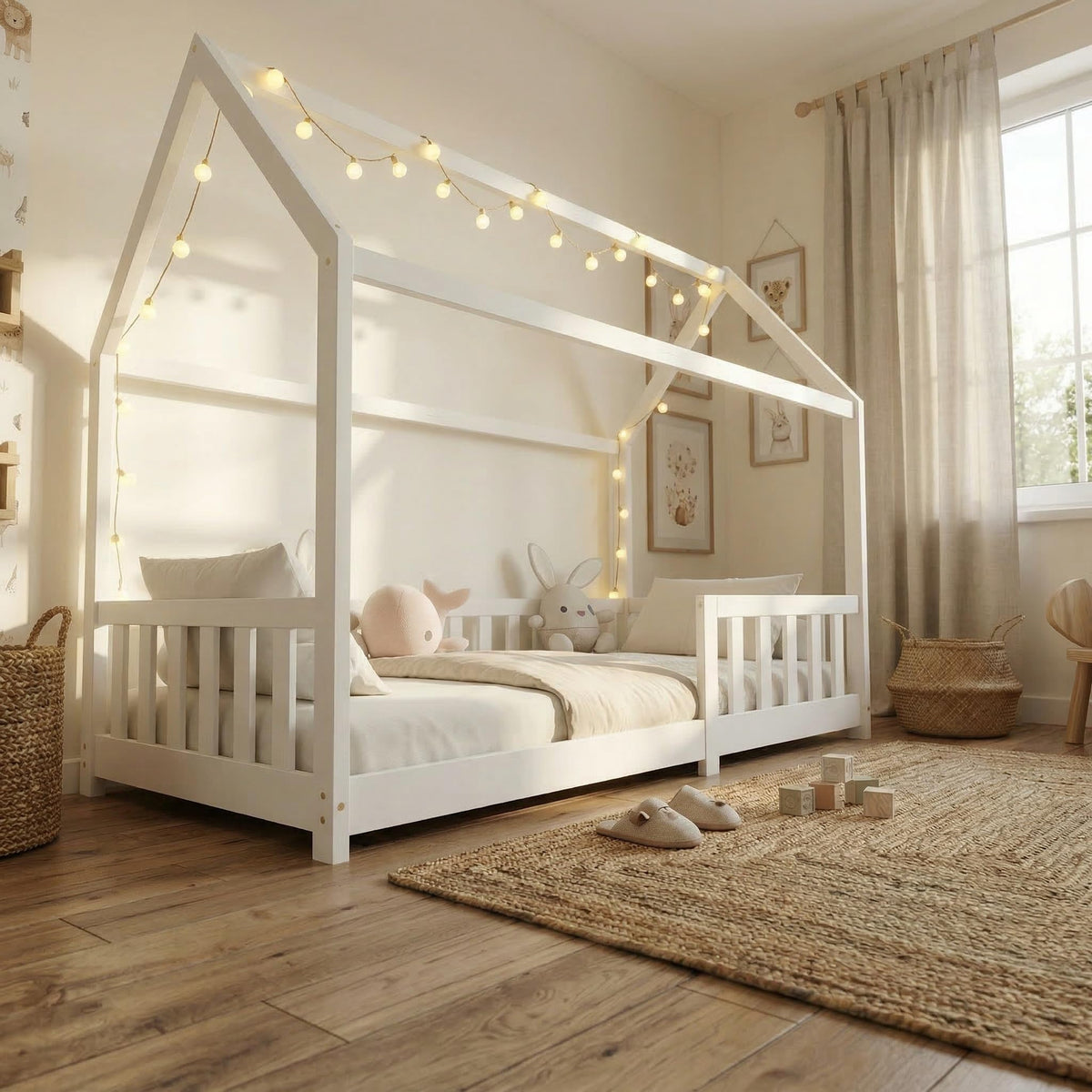 ecomi® Cama Infantil con Protección Anticaídas, Blanco, 80x160 cm
