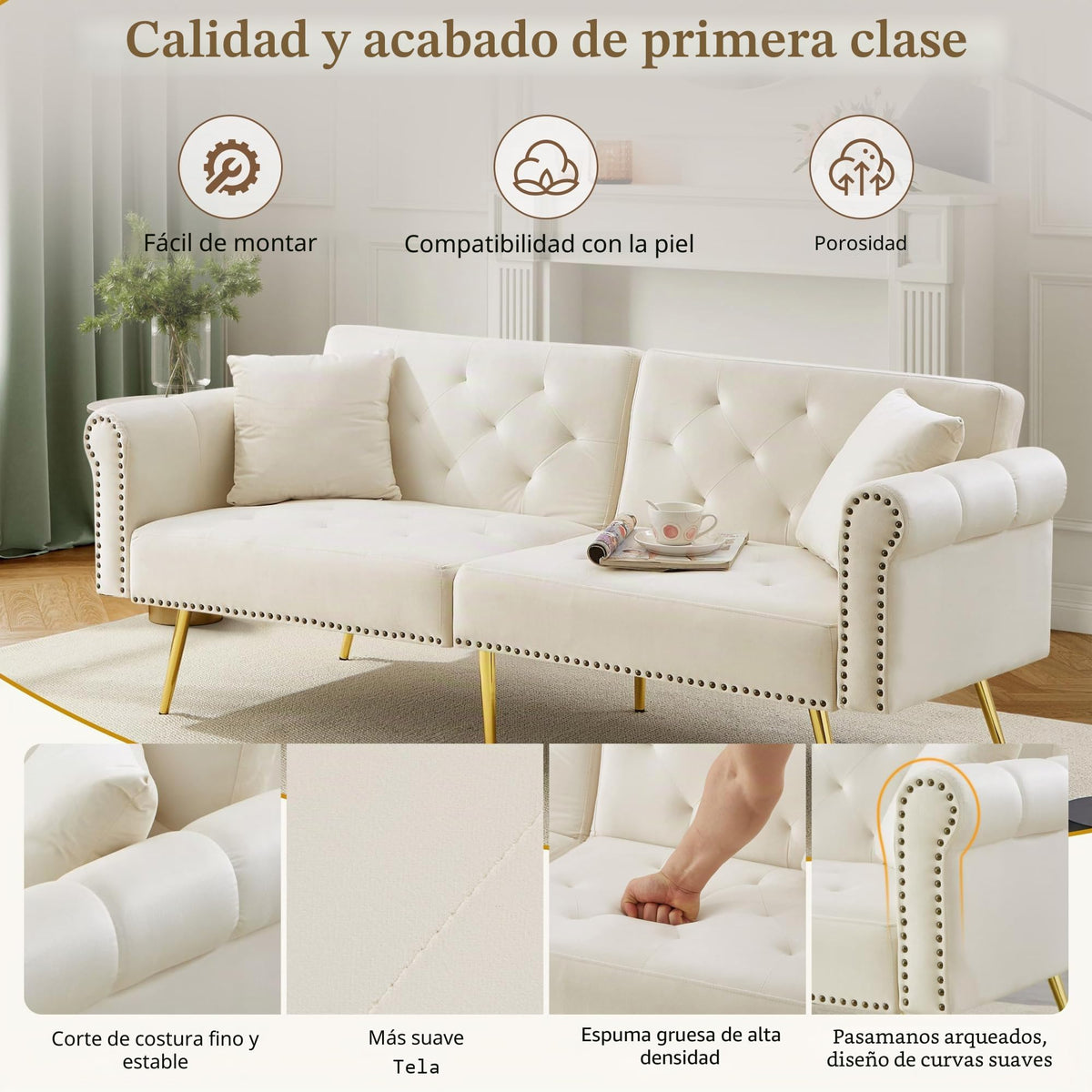 Sofá cama con esquinas ajustables, patas doradas, almohadas y bolsillos laterales para almacenamiento (Bavia)