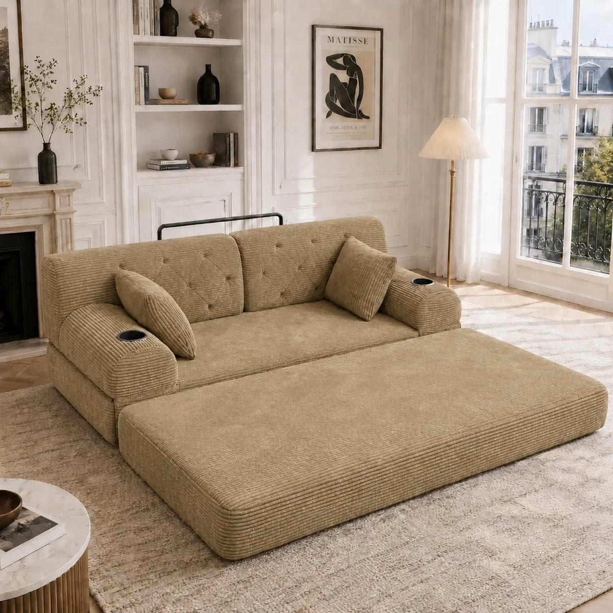 YEHTOKHOME - Sofá de Velor acanalado con respaldo alto y estructura metálica, sofá moderno de 2 plazas con 2 portavasos y 4 bolsillos laterales, para salón, dormitorio (Beige)