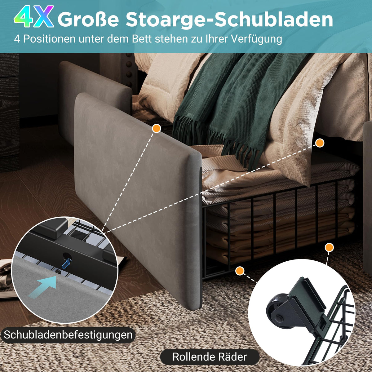 Cama tapizada de 160 x 200 cm, cama doble con 4 cajones, iluminación LED y puerto de carga USB-C, cama de almacenamiento y cama juvenil con somier, terciopelo, beige, sin colchón