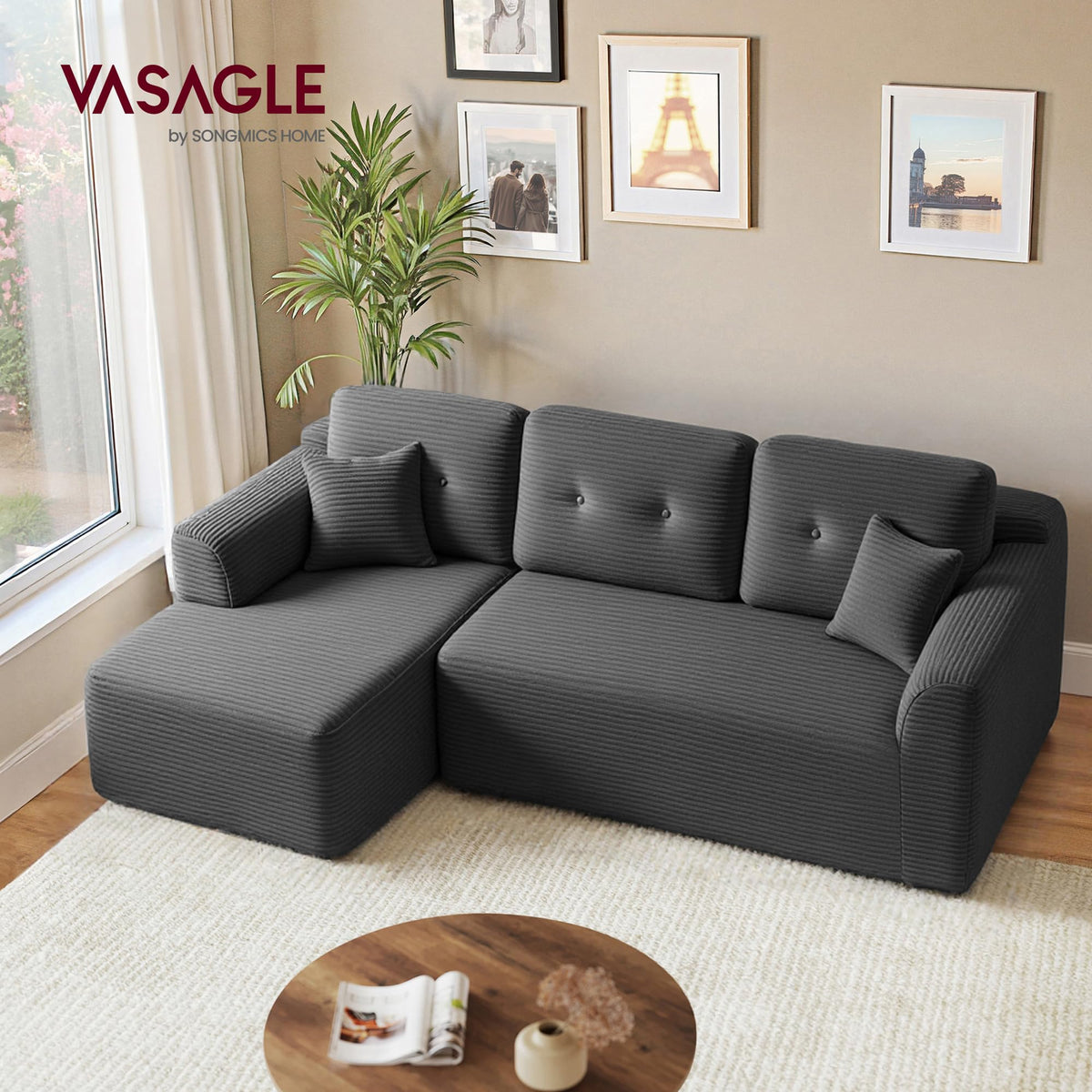VASAGLE Sofá con Chaise Longue, Esquinero de Pana, Diseño Modular de 3 Plazas, 242 x 152 x 73 cm, Negro, para Salón, Colección Camila LCS183B101