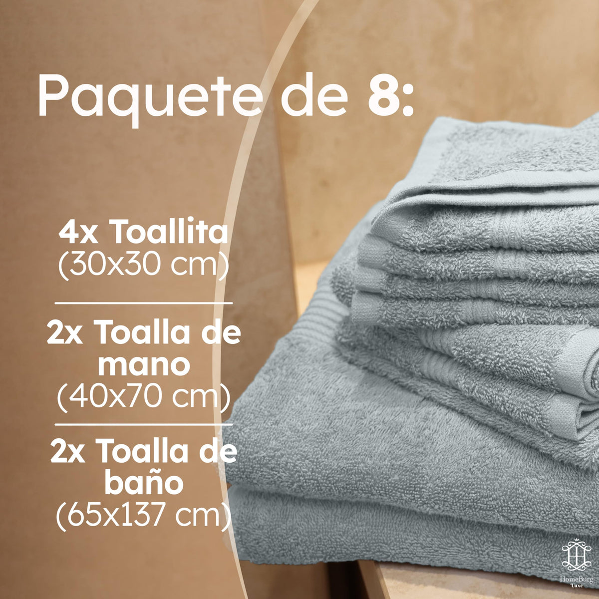 Luxe Set de Toallas 100% Algodón - 8 Piezas, 3 tamaños (30×30, 40×70 y 65×137 cm) - Suaves, absorbentes y de fácil Cuidado, Blanco