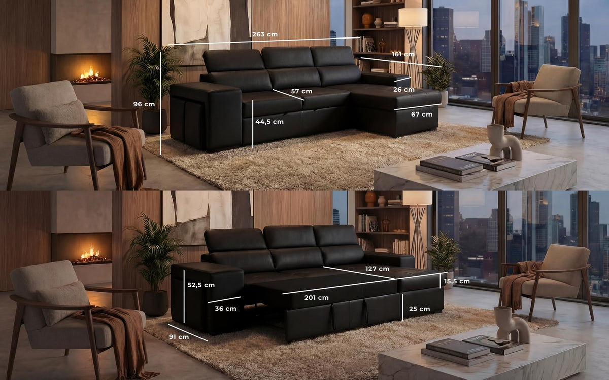BUDWING John Sofá Cama Esquinero 4 Plazas - Chaise Longue Reversible, Reposacabezas Ajustable y 2 Pufs – Tapizado en Poliéster – Estilo Moderno – 263x161x96 cm – Gris Claro