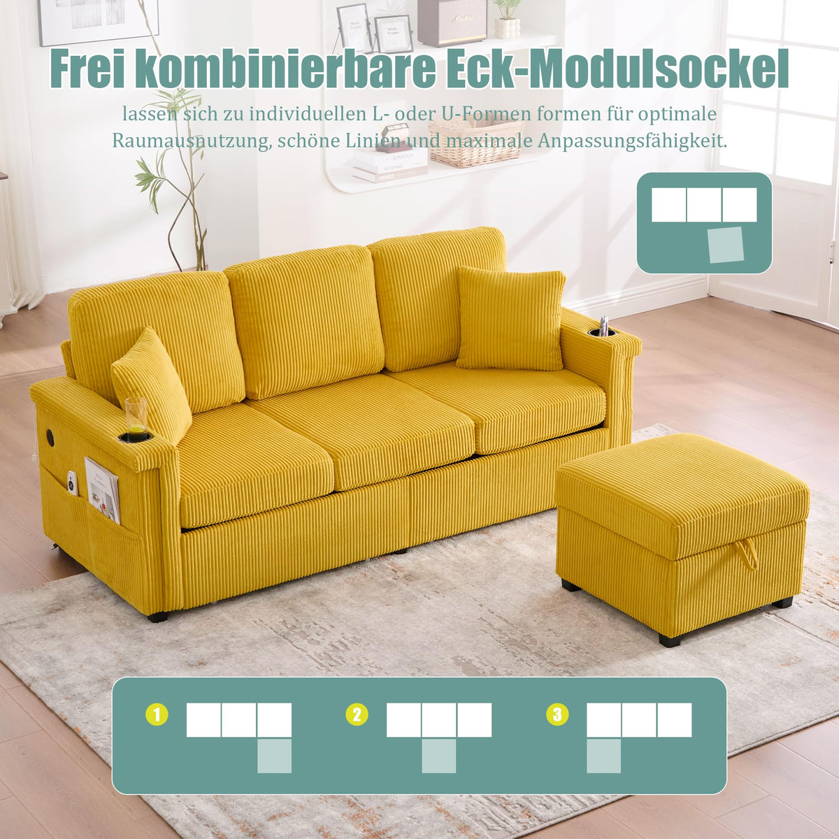 Dolamaní Sofá de terciopelo de 3 plazas con 2 cajones, soporte para bebidas, bolsillos laterales y reposapiés para sala de estar, dormitorio y oficina (beige)