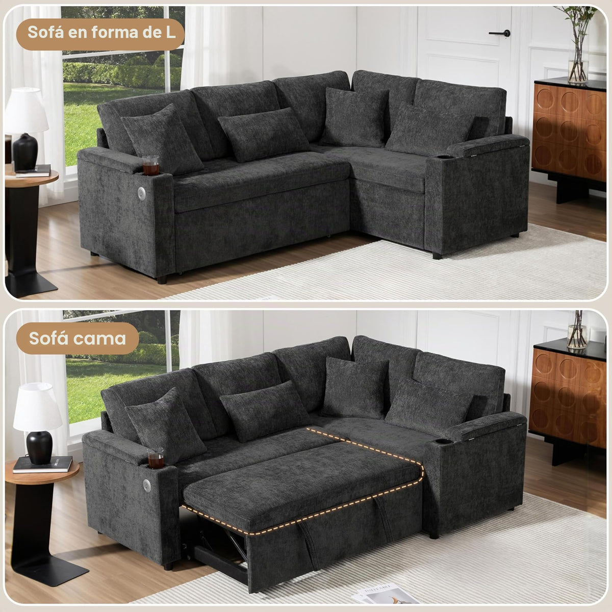 Lubvtti Sofá cama de 3 plazas moderno con función de cama, con espacio de almacenamiento, cargador USB, reposabrazos portaobjetos y 2 cojines, sofá de esquina en L, sofá de 3 plazas, chenilla (C-gris)