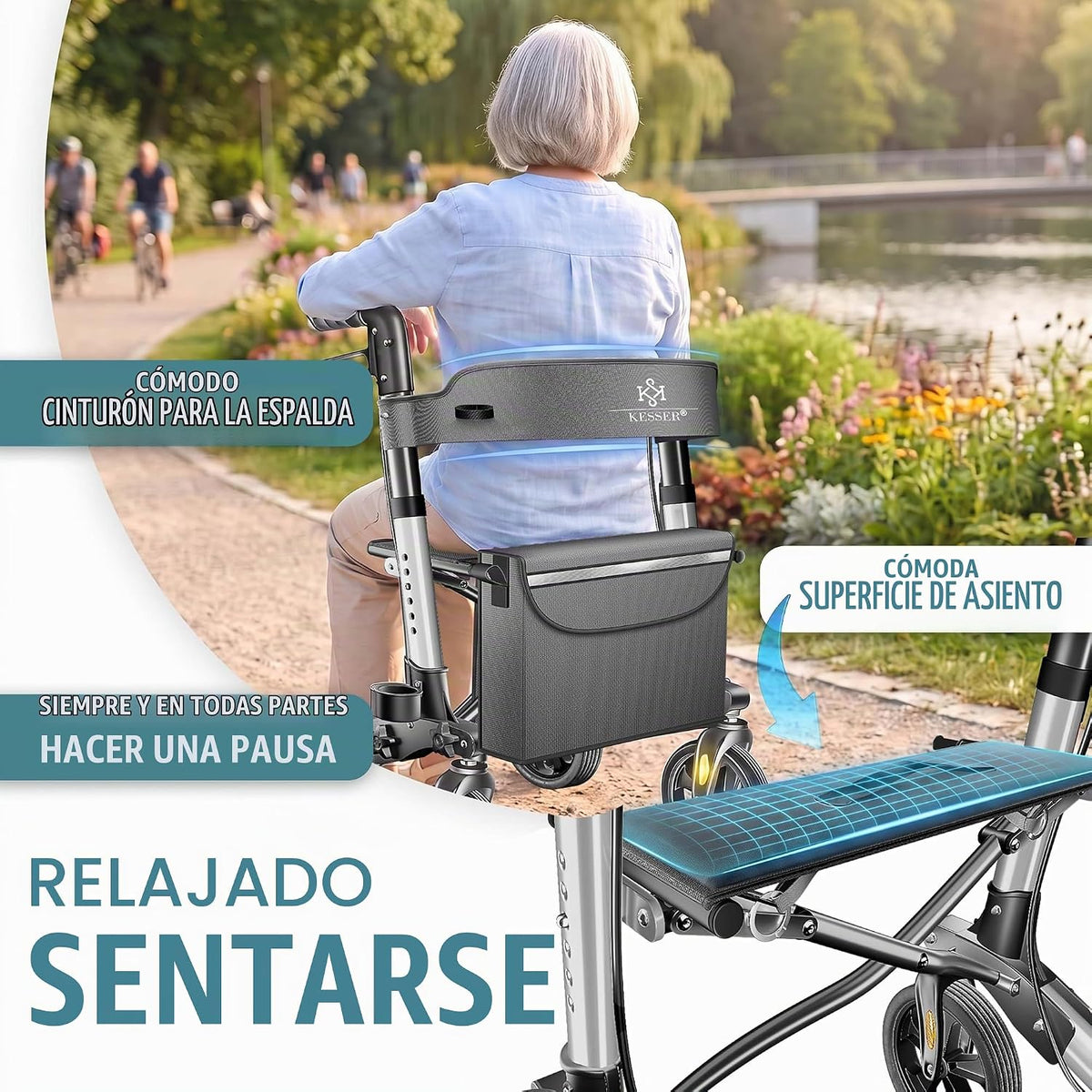 KESSER® Andador plegable con asiento y respaldo, 4 Ruedas/Frenos/Saco de Compra y Porta Bastón, Altura Ajustable 82-94cm, Andador, Carro, Rollator para Ancianos Gris