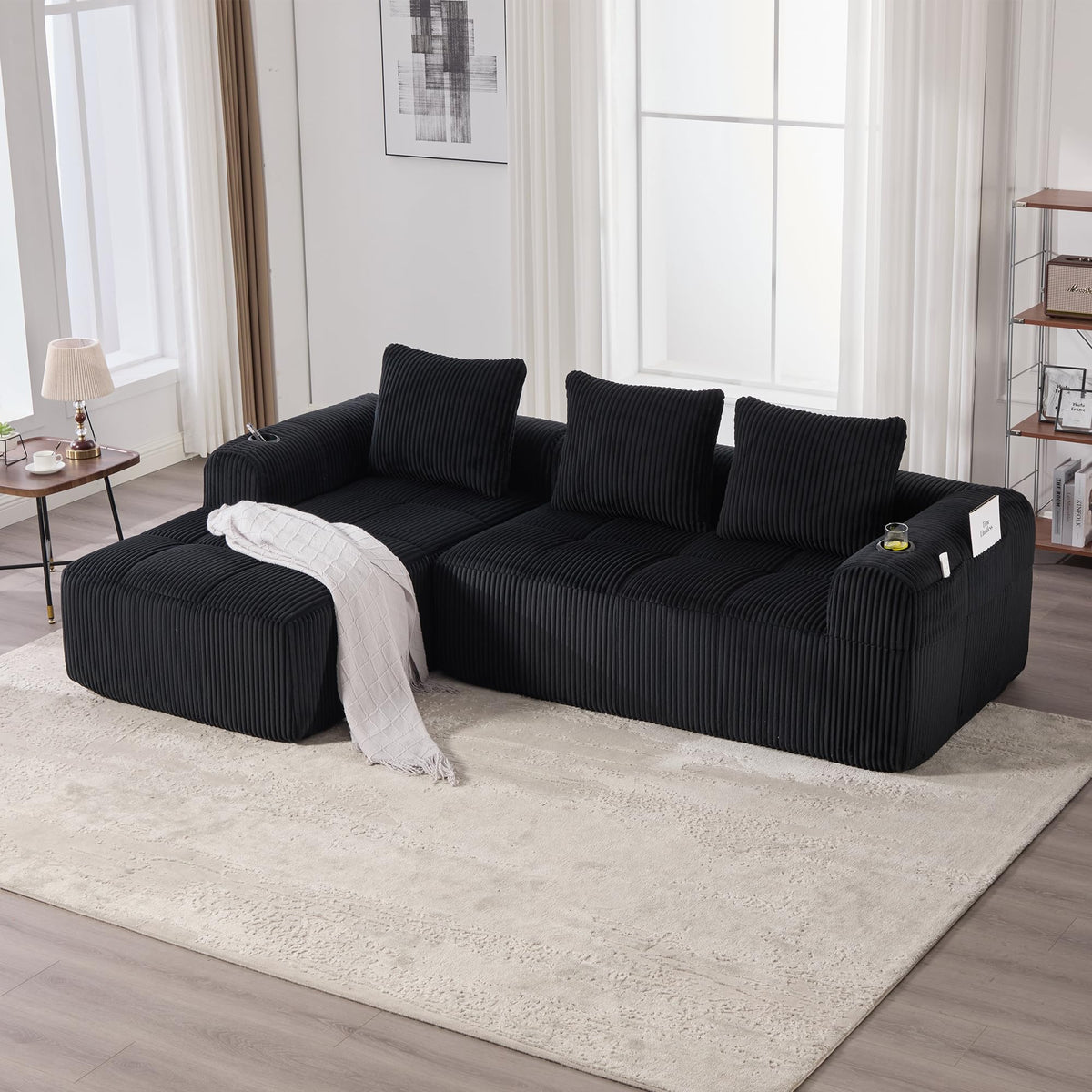 Dolamaní Sofá compacto de 3 plazas de pana con 3 cojines, sofá esquinero en forma de L con función de dormir, suave y modular, asiento extraprofundo, sin montaje, para salón (gris oscuro)