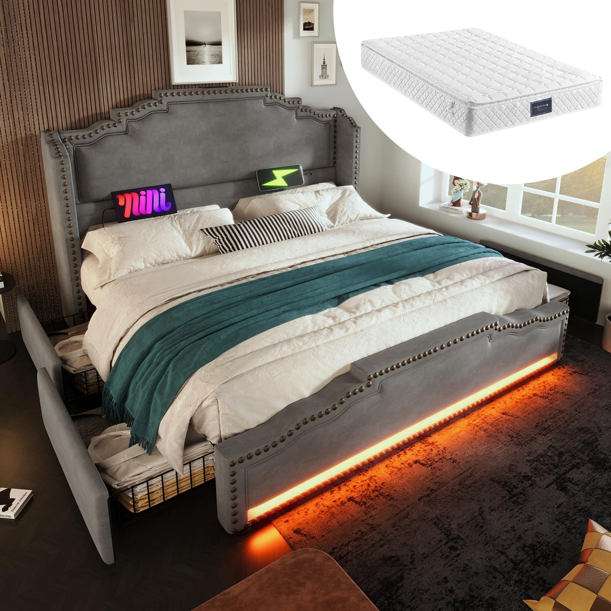 Cama tapizada de 160 x 200 cm, cama doble con 4 cajones, iluminación LED y puerto de carga USB-C, cama de almacenamiento y cama juvenil con somier, terciopelo, beige, sin colchón