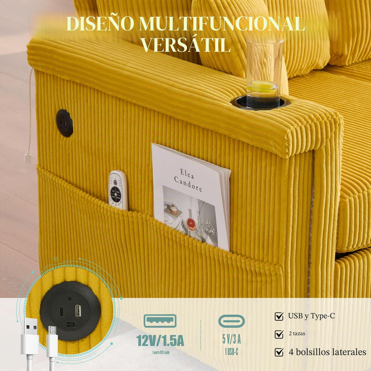 Lubvtti Sofá cama de 3 plazas moderno con función de cama, con espacio de almacenamiento, cargador USB, reposabrazos portaobjetos y 2 cojines, sofá de esquina en L, sofá de 3 plazas, chenilla (C-gris)