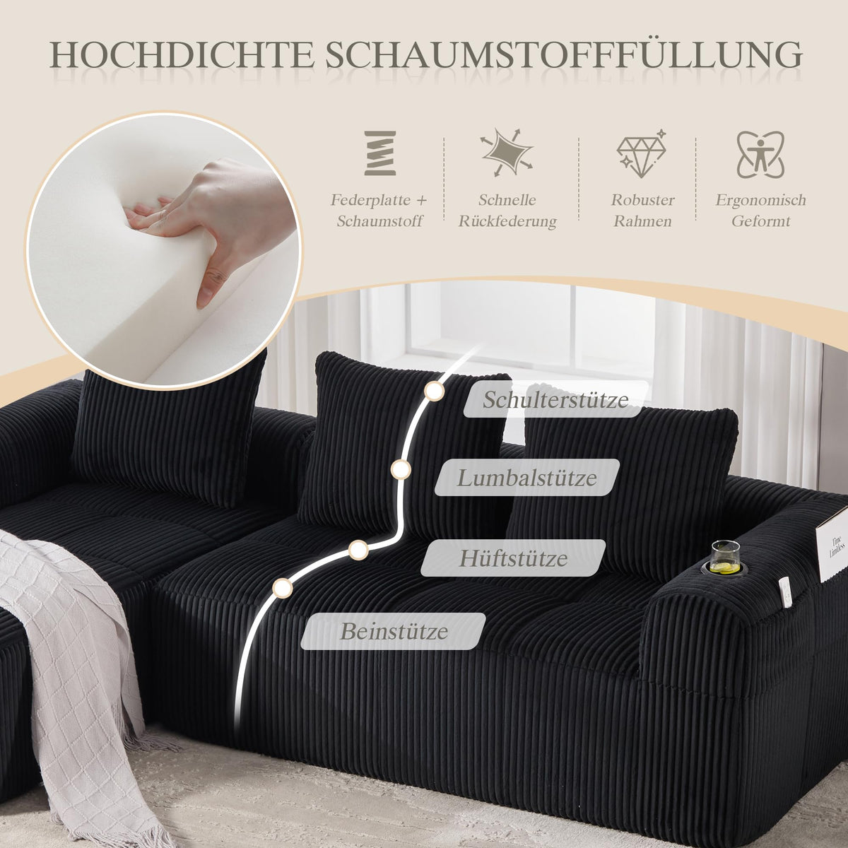 Dolamaní Sofá compacto de 3 plazas de pana con 3 cojines, sofá esquinero en forma de L con función de dormir, suave y modular, asiento extraprofundo, sin montaje, para salón (gris oscuro)