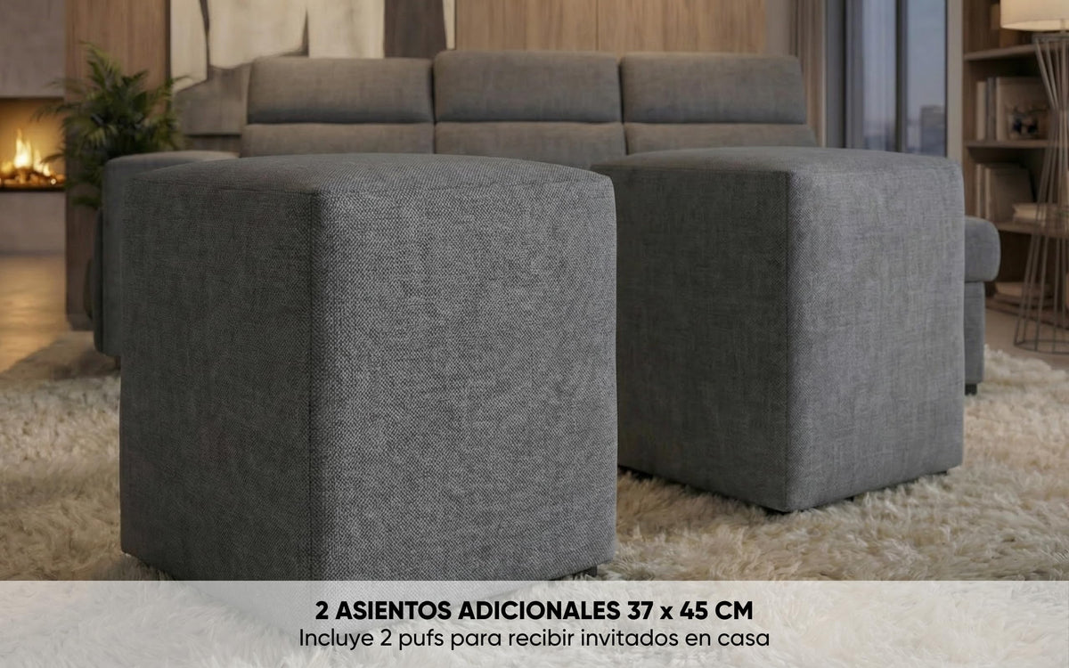 BUDWING John Sofá Cama Esquinero 4 Plazas - Chaise Longue Reversible, Reposacabezas Ajustable y 2 Pufs – Tapizado en Poliéster – Estilo Moderno – 263x161x96 cm – Gris Claro