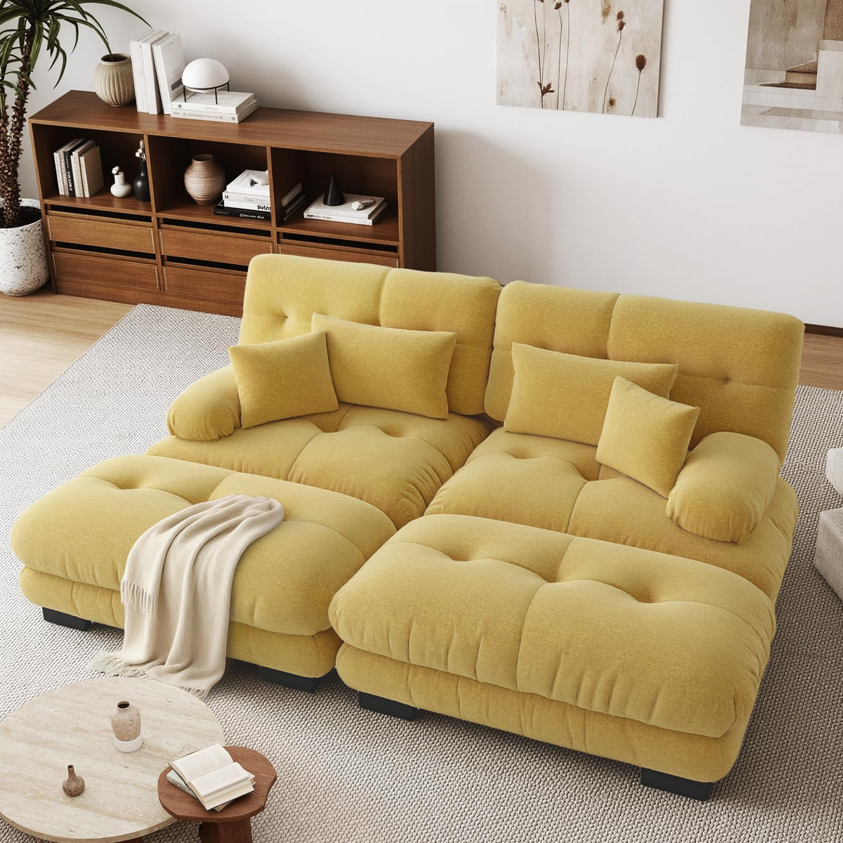 SoarFlash Sofá U Modular de 4 plazas para salón Moderno, sofá Nube de Tela Chenille con reposabrazos, Color Amarillo, 145×406 cm