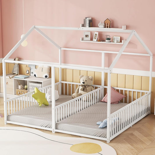 Cama infantil de 90 x 200 cm, dos camas de 90 cm con protección anticaídas, cama doble con modelado de casa, marco de hierro, color blanco, ideal para 2 niños
