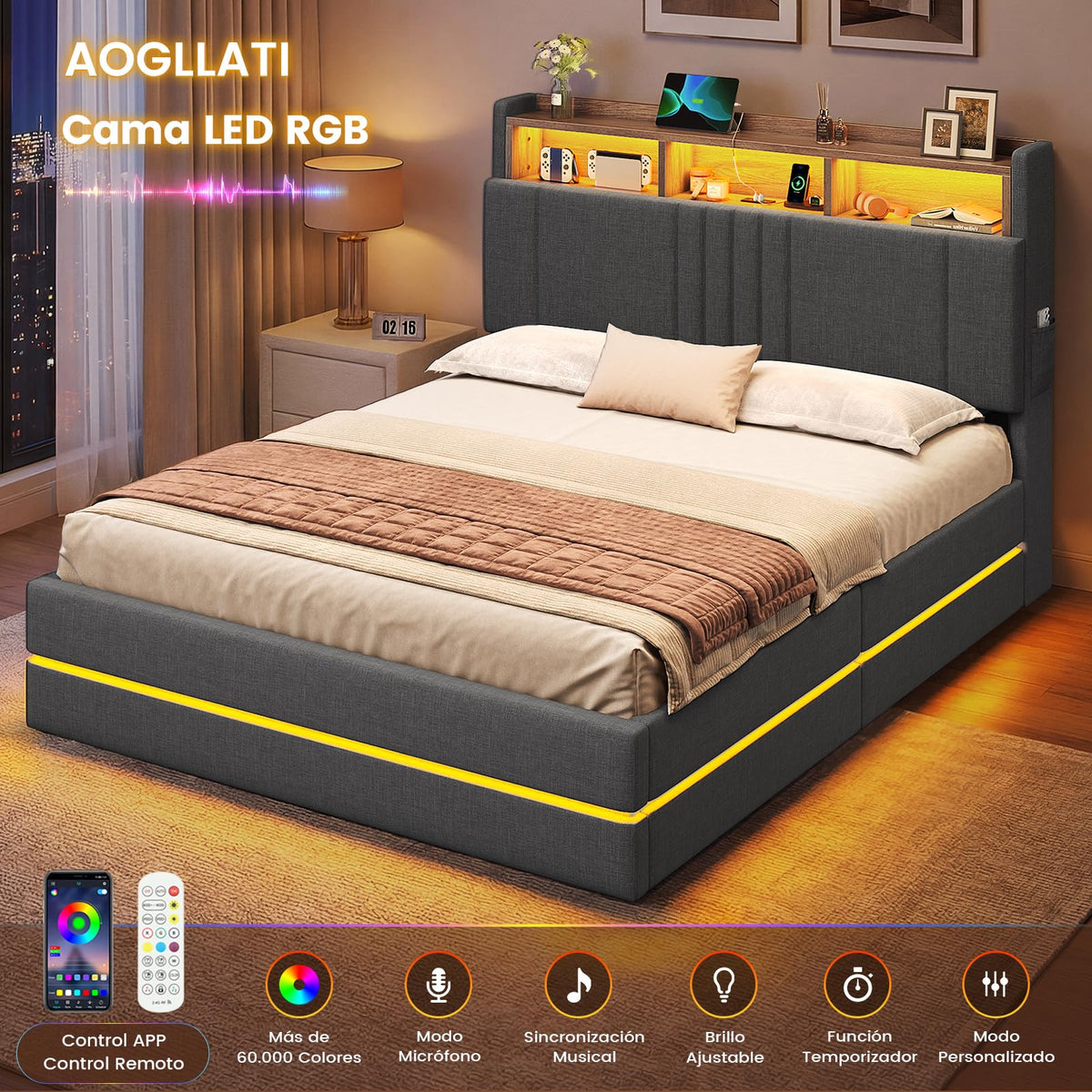 AOGLLATI Cama Matrimonial 140x190 cm con Almacenamiento Hidráulico, Lino