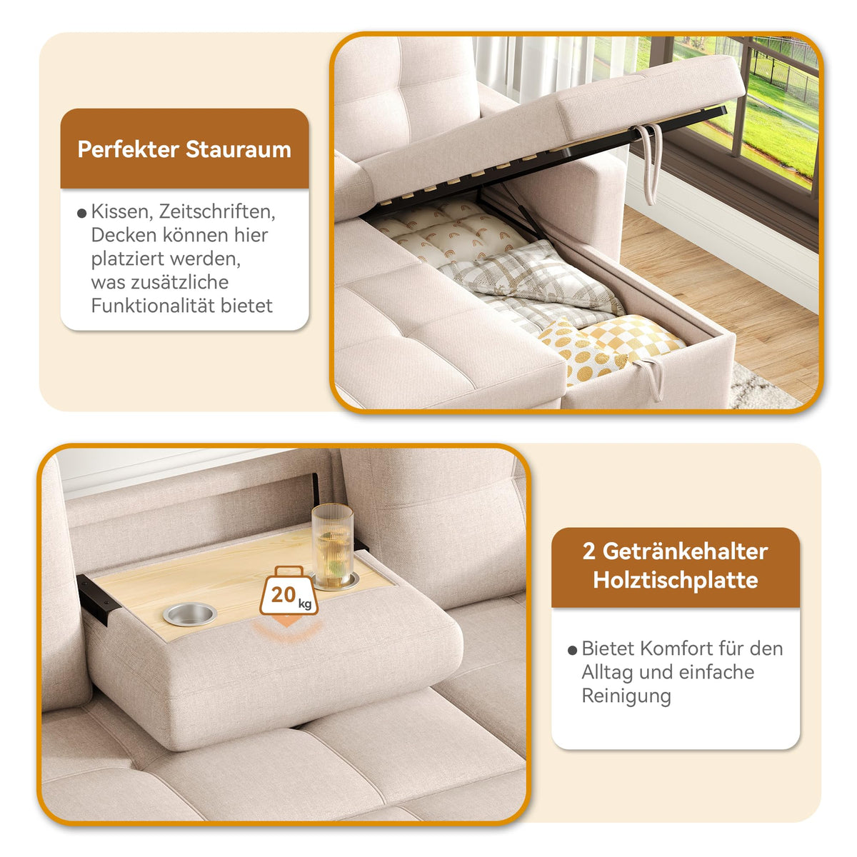 Bladez Sofá cama extensible en forma de L de lino con espacio de almacenamiento, soporte para bebidas, sofá modular de 3 plazas para salón (gris)