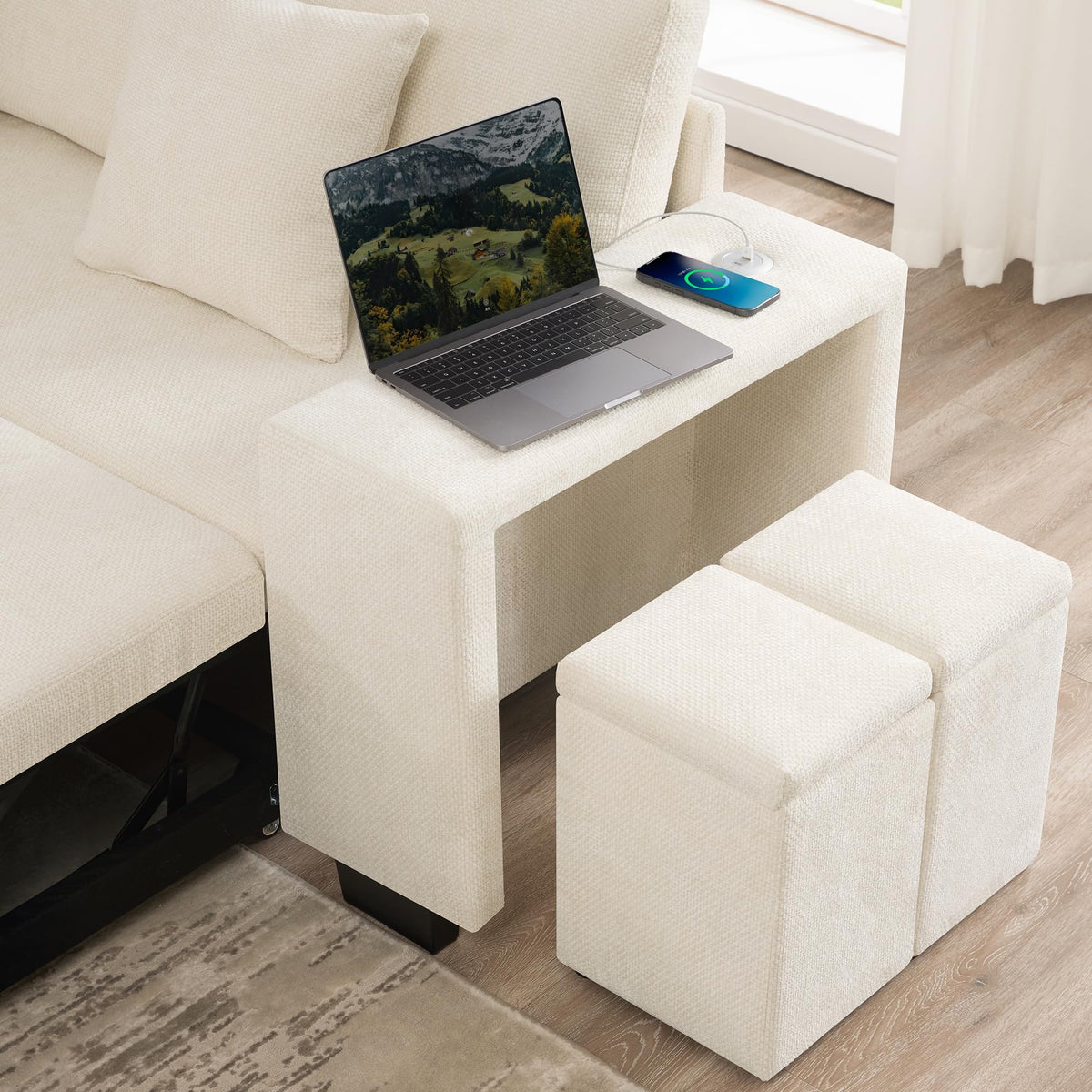 Sapgaks Sofá de esquina convertible de 6 plazas con USB, sofá convertible de 6 plazas, sofá de 6 plazas, en chenilla, con apoyabrazos en forma de librería, puf extraíble para configuraciones en L y en