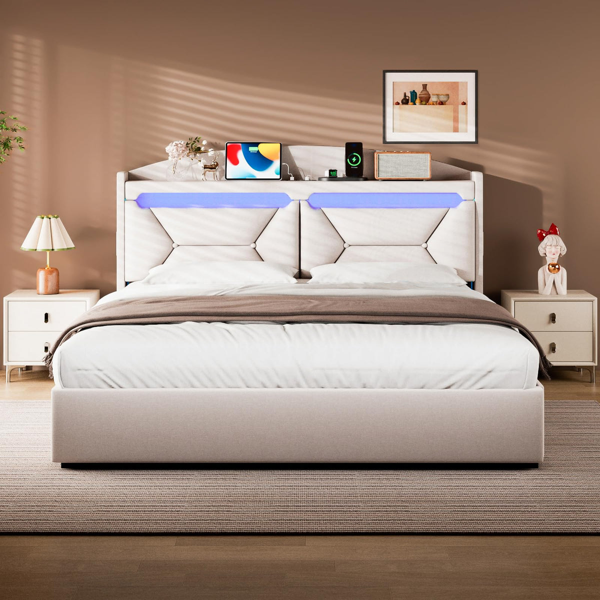 Cama 90x200 cm con Almacenamiento, Cama Individual con LED, Puertos USB y Type-C, Somier 90x200 Hidráulico, Camas Juveniles Camas Infantiles con Cabecero, Lino, Beige, Colchón No Incluido
