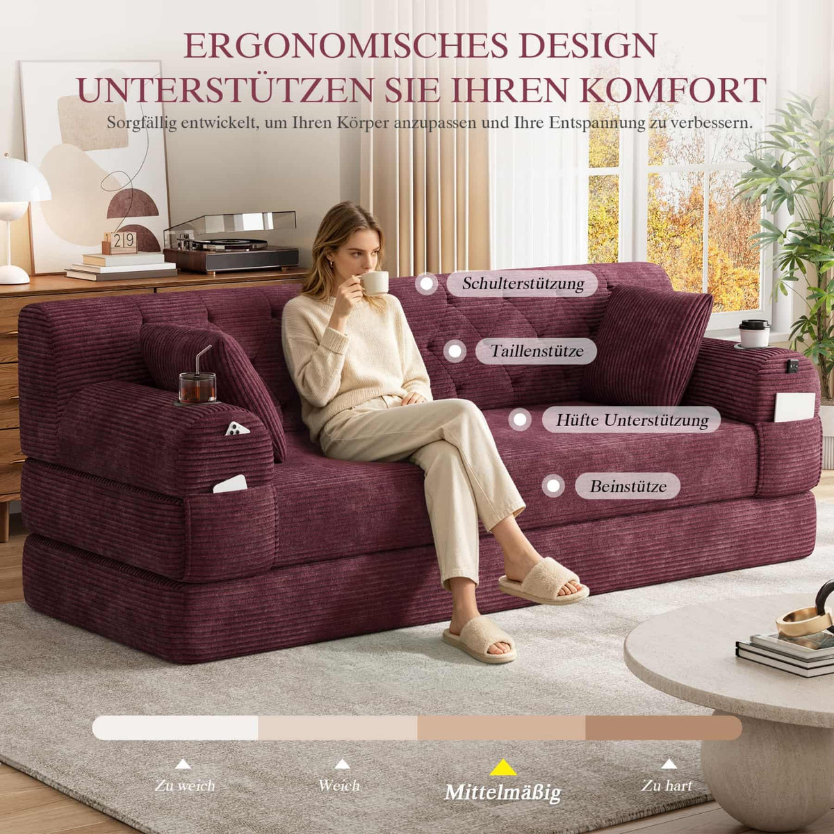 YEHTOKHOME - Sofá de Velor acanalado con respaldo alto y estructura metálica, sofá moderno de 2 plazas con 2 portavasos y 4 bolsillos laterales, para salón, dormitorio (Beige)