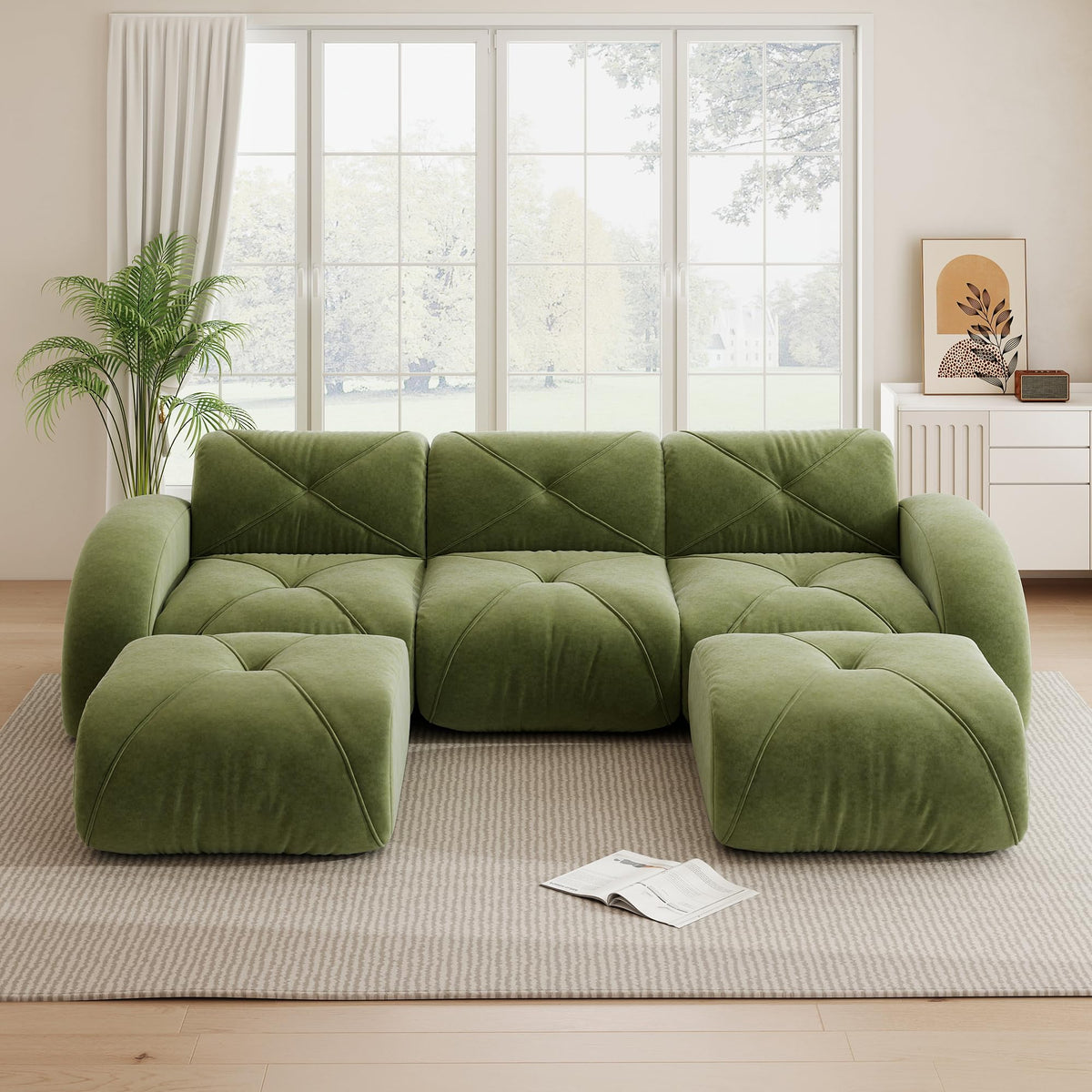 Sofá de esquina en forma de L de 4 plazas con reposapiés, sofá modular Cloud sin marcos de chenilla, sofá de estar suave, antideslizante, combinable de forma flexible, sin montaje, salón color