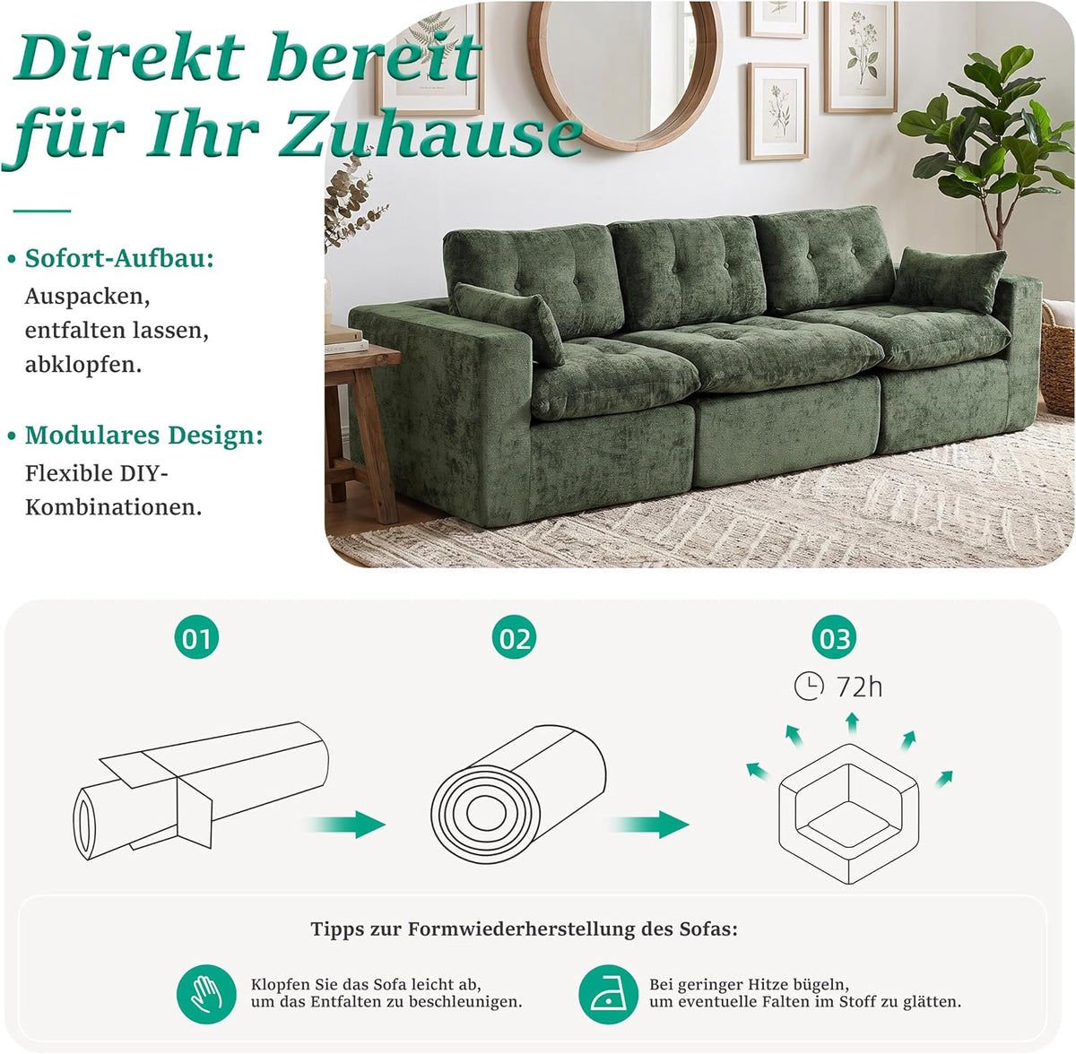 Sofá modular de 3 plazas con función de dormir, asiento extra profundo, felpilla para el hogar, sofá sin marco, sofá cama flexible para salón, verde
