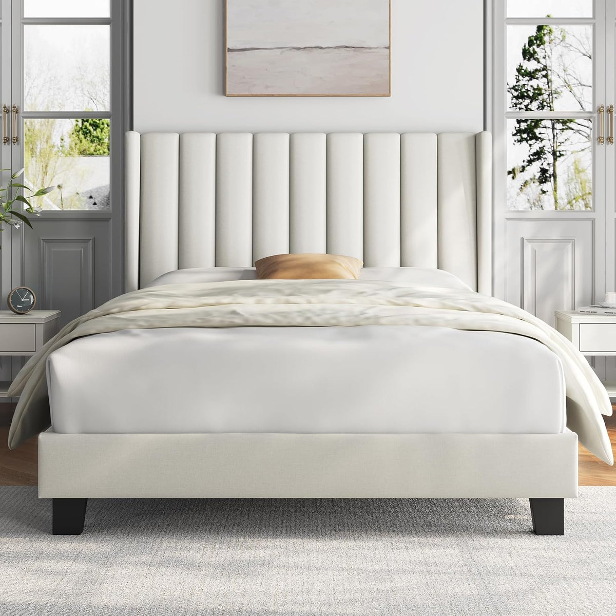 Yaheetech Cama Doble Tapizada 140 x 200cm con Somier de Lamas con Cabecero Rayado Moderno Estructura de Madera y Metal Marco de Cama para Adultos 2 Personas Beige