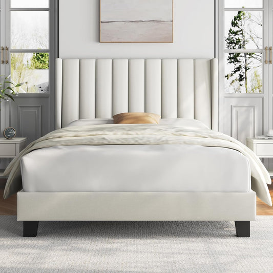 Yaheetech Cama Doble Tapizada 140 x 200cm con Somier de Lamas con Cabecero Rayado Moderno Estructura de Madera y Metal Marco de Cama para Adultos 2 Personas Beige