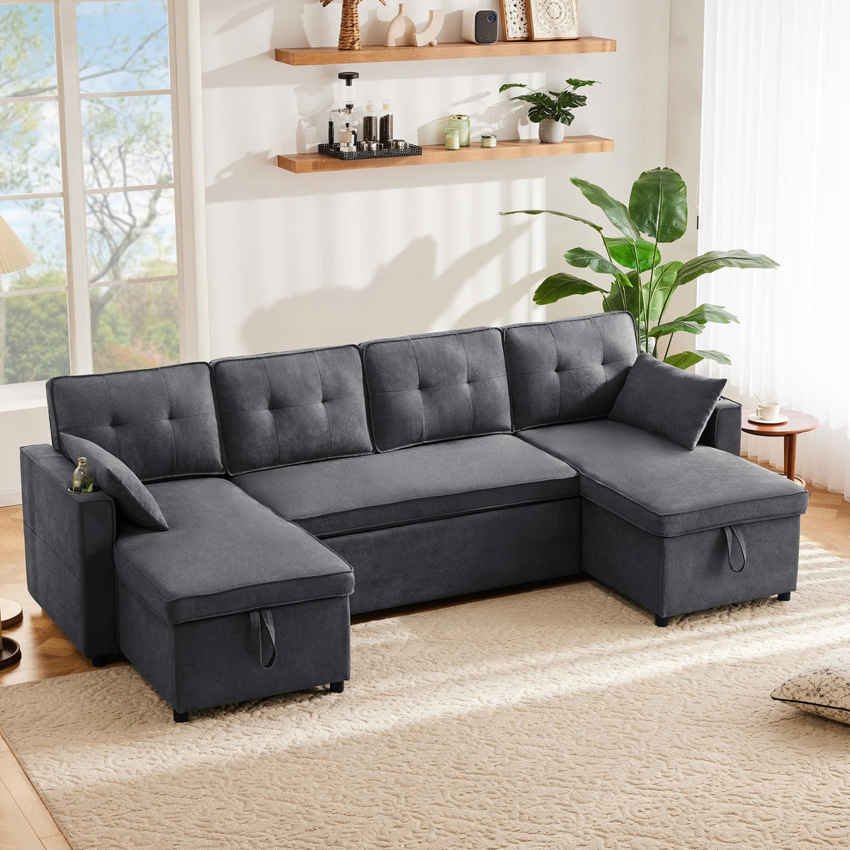 Sapgaks Sofá Seccional en U Moderno,Sofá 4 plazas,Mueble Acolchado de diseño Moderno,Tela de Chenilla (Beige)