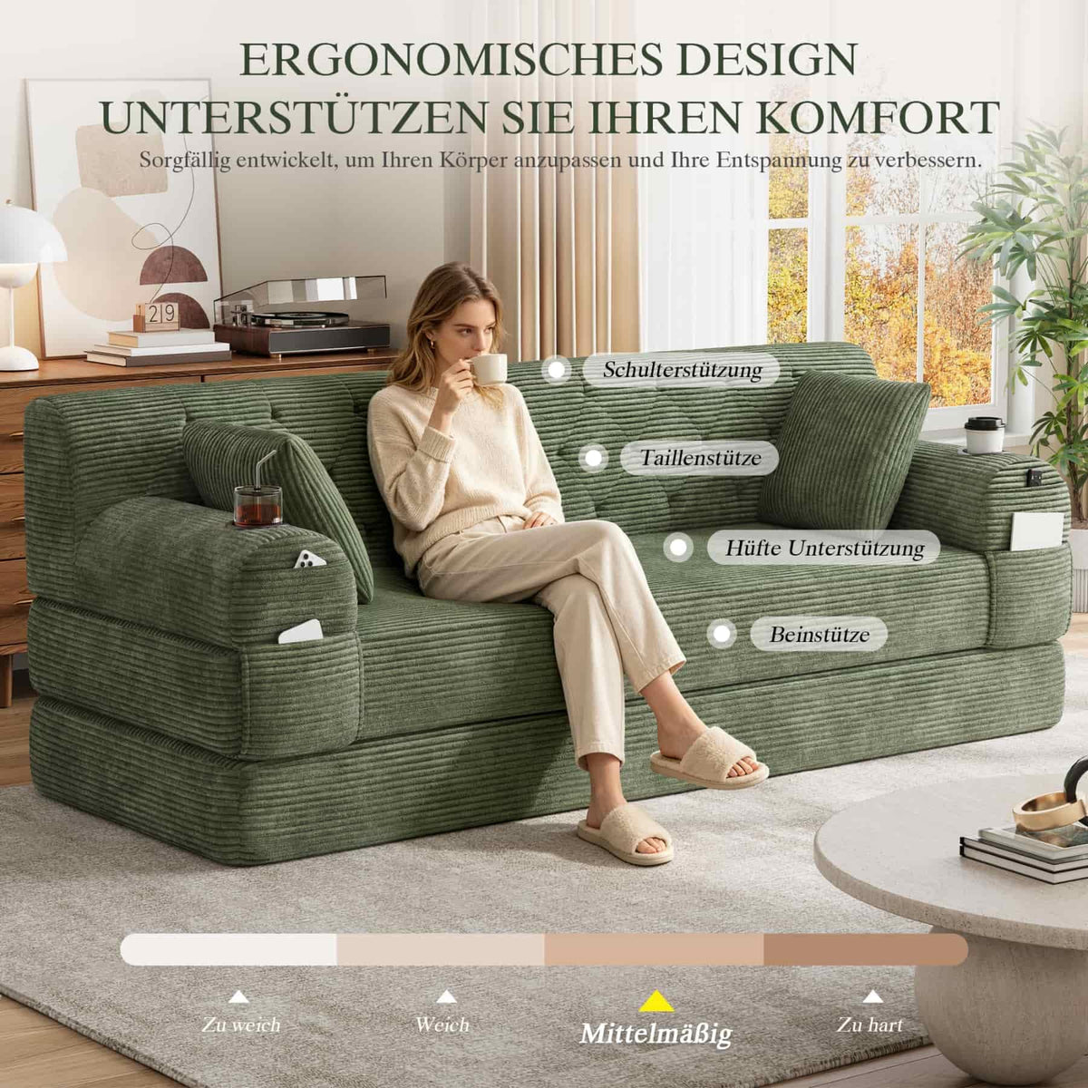 YEHTOKHOME - Sofá de Velor acanalado con respaldo alto y estructura metálica, sofá moderno de 2 plazas con 2 portavasos y 4 bolsillos laterales, para salón, dormitorio (Beige)