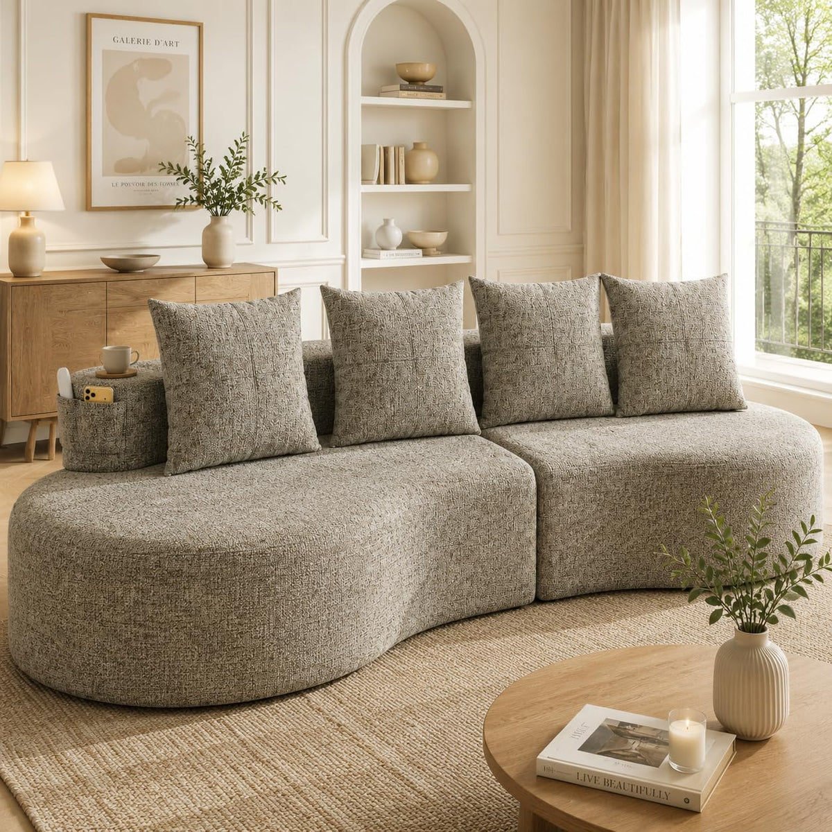 Bladez Sofá esquinero moderno curvado de 5 plazas, sofá modular de terciopelo, diseño curvado, cómodo sofá tapizado, cómodo sofá tapizado con cojines, adecuado para salón y apartamento, color blanco
