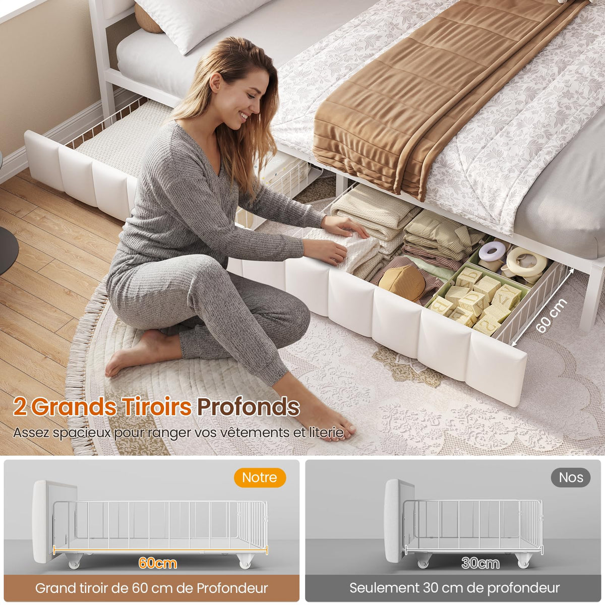 DICTAC Cama Tapizada Sofá Cama 90 x 190 cm con iluminación LED y Toma USB,Camas Juvenil con 2 cajones de Almacenamiento, Estructura de Cama de 90x190 con somier de láminas de Metal, Gris Oscuro