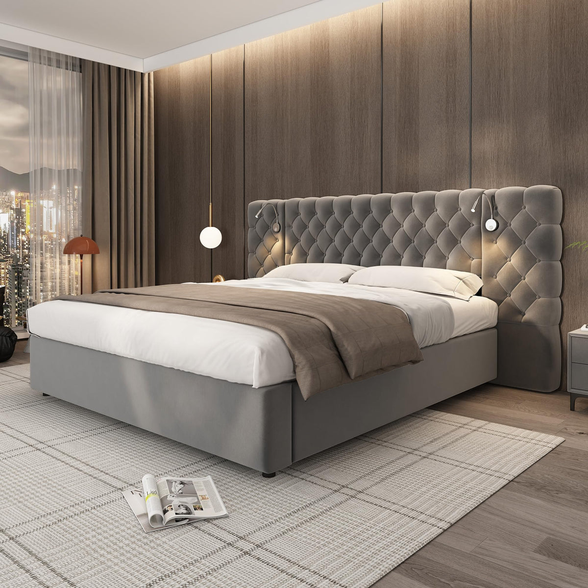Cama 180x200 cm Camas Matrimoniales con LED y Lámpara de Noche, Cama Doble Tapizada con USB y Cabecero Ancho, Almacenaje Hidráulico, Soporte de Lamas de Madera, Terciopelo, Sin Colchón, Gris