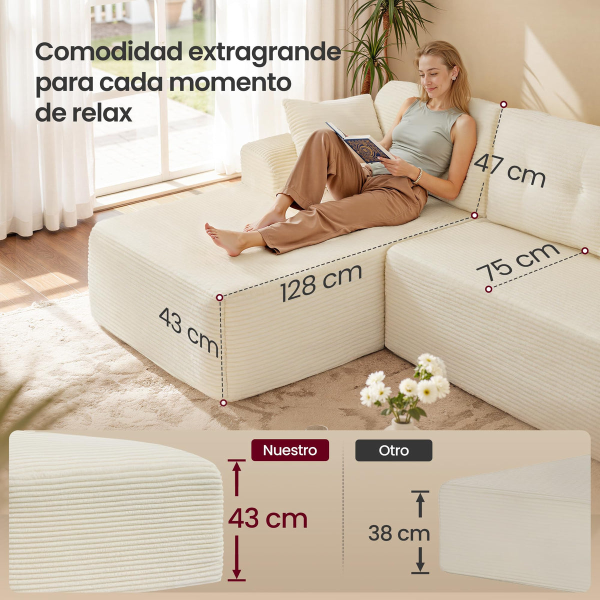 VASAGLE Sofá con Chaise Longue, Esquinero de Pana, Diseño Modular de 3 Plazas, 242 x 152 x 73 cm, Negro, para Salón, Colección Camila LCS183B101