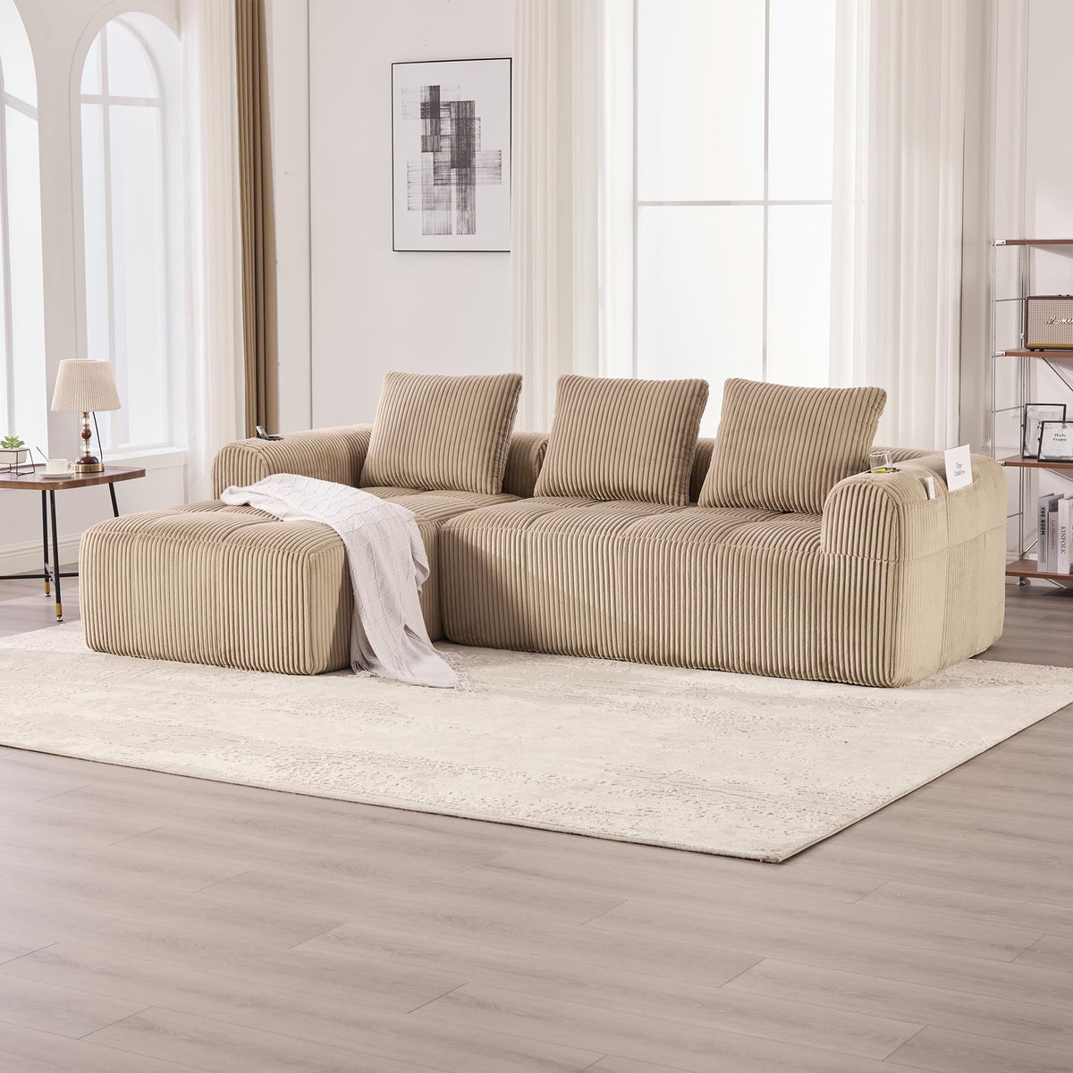 Dolamaní Sofá compacto de 3 plazas de pana con 3 cojines, sofá esquinero en forma de L con función de dormir, suave y modular, asiento extraprofundo, sin montaje, para salón (gris oscuro)