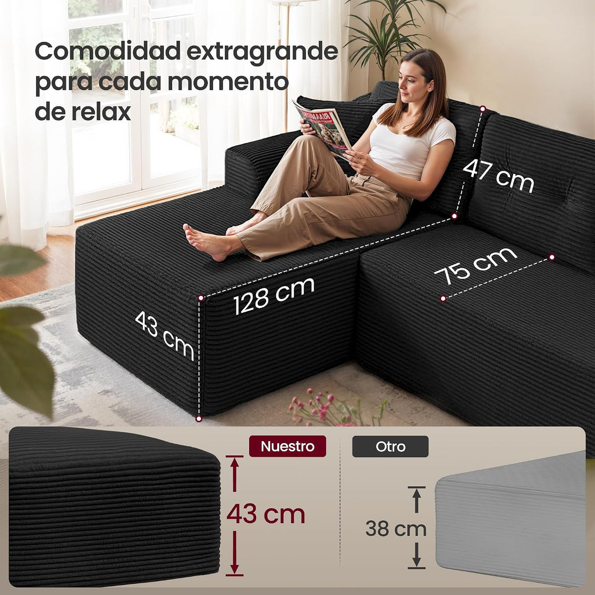 VASAGLE Sofá con Chaise Longue, Esquinero de Pana, Diseño Modular de 3 Plazas, 242 x 152 x 73 cm, Negro, para Salón, Colección Camila LCS183B101