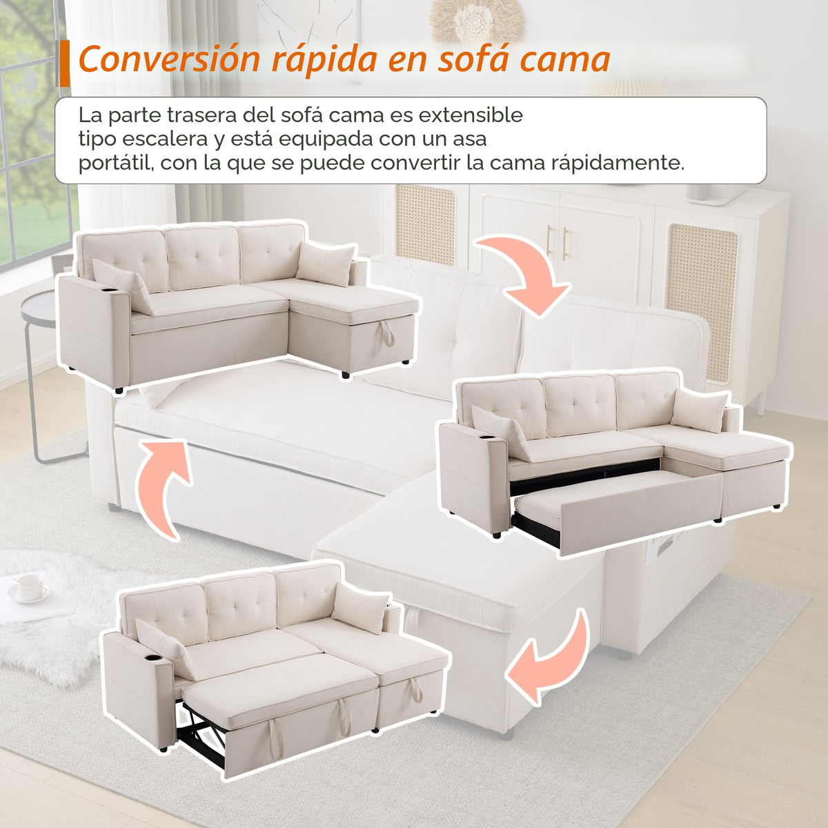 Sofá esquinero extensible en forma de L con puerto USB y portavasos, sofá cama de 4 plazas con función cama, sofá convertible con espacio de almacenamiento y reposabrazos, cojines, chenilla