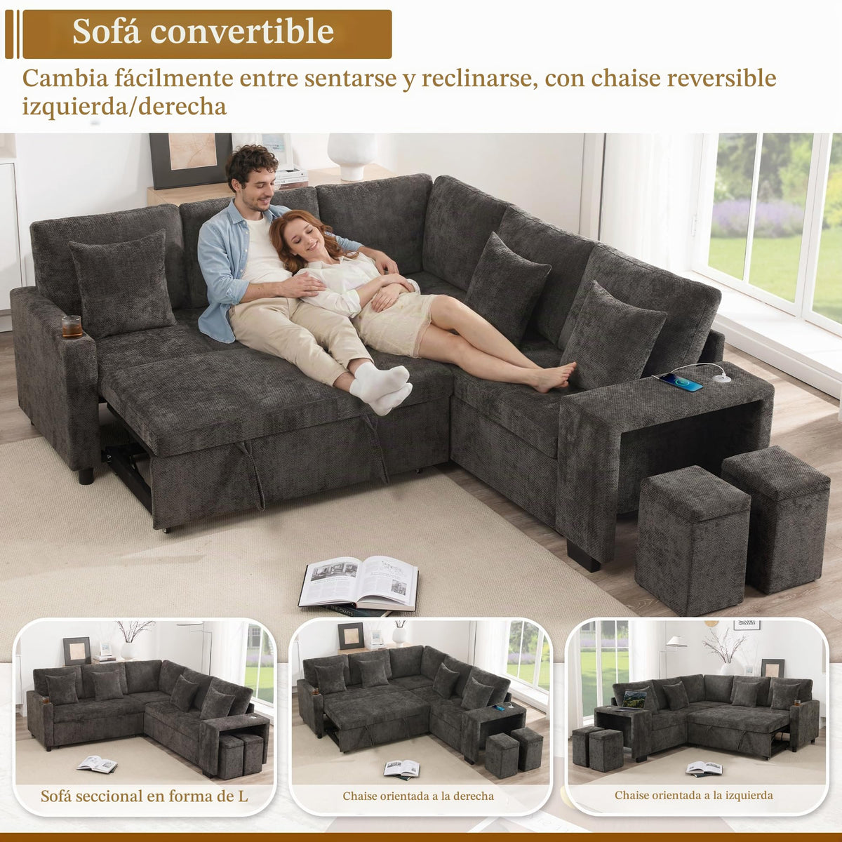 Sapgaks Sofá de esquina convertible de 6 plazas con USB, sofá convertible de 6 plazas, sofá de 6 plazas, en chenilla, con apoyabrazos en forma de librería, puf extraíble para configuraciones en L y en