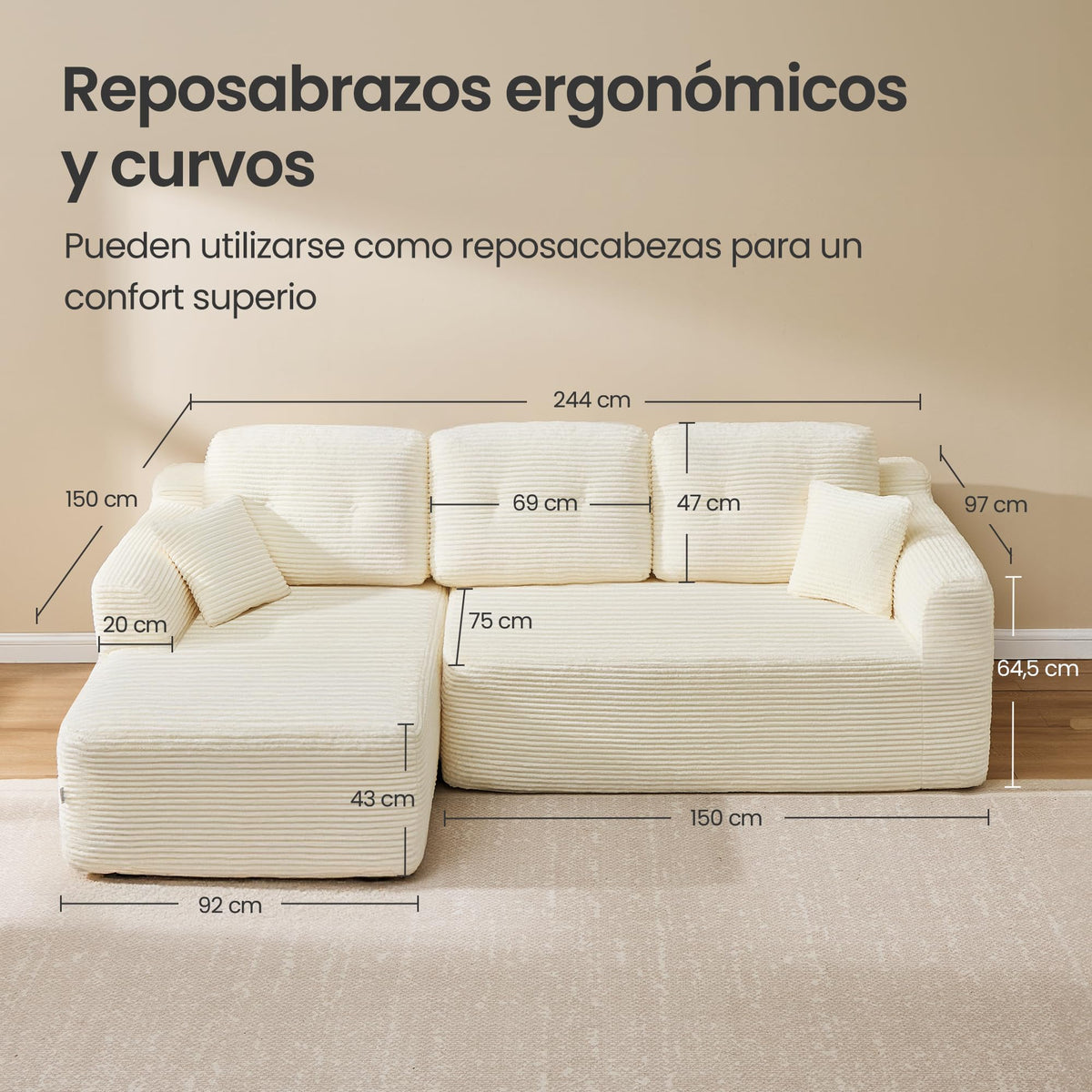 VASAGLE Sofá con Chaise Longue, Esquinero de Pana, Diseño Modular de 3 Plazas, 242 x 152 x 73 cm, Negro, para Salón, Colección Camila LCS183B101