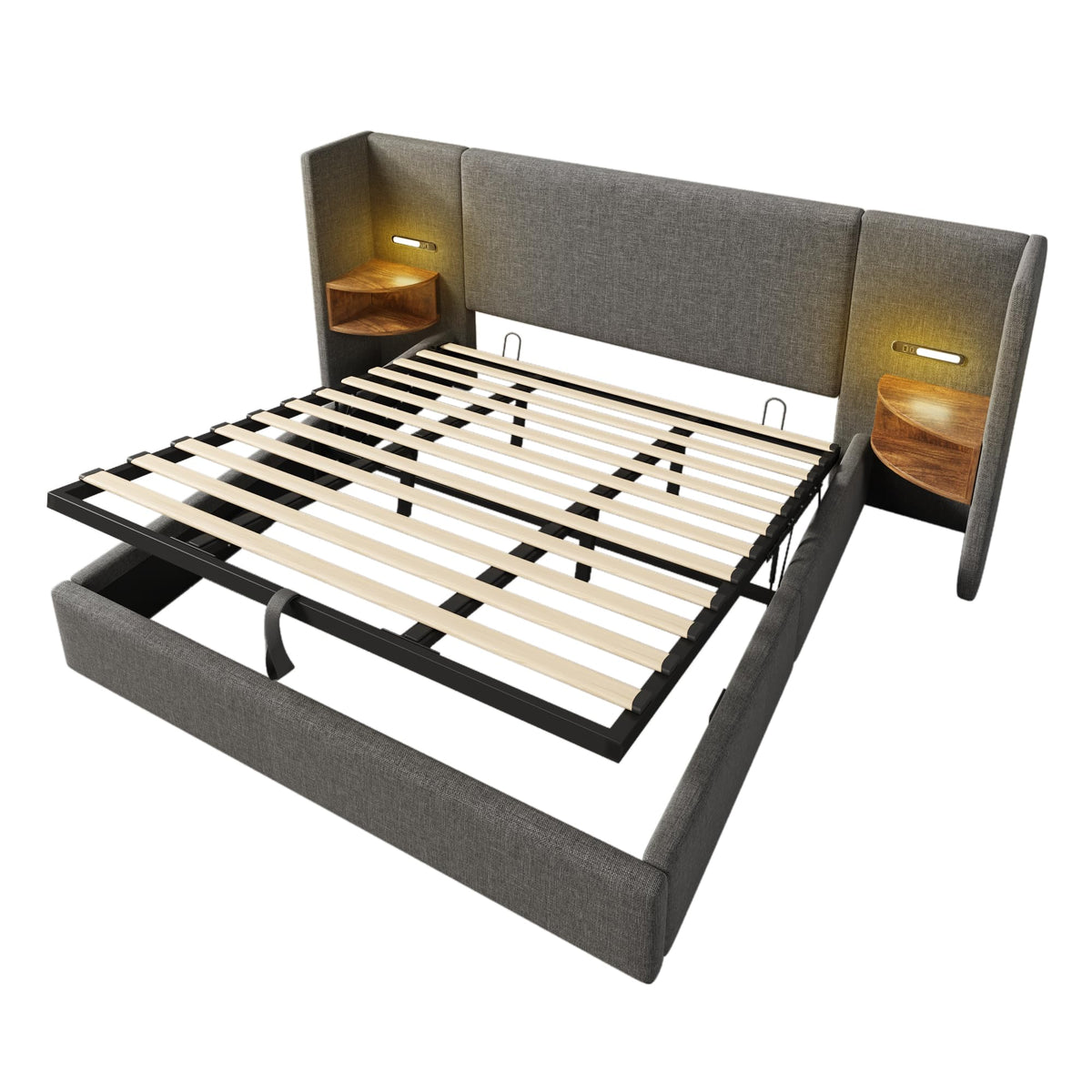 Camas Matrimoniales 160x200 con Cabecero Extendido y Espacio de Almacenaje Hidráulica, Cama Matrimonio con Lámpara de Lectura, Cama Doble con Puerto USB y Tipo C, Lino, Gris, Sin Colchón