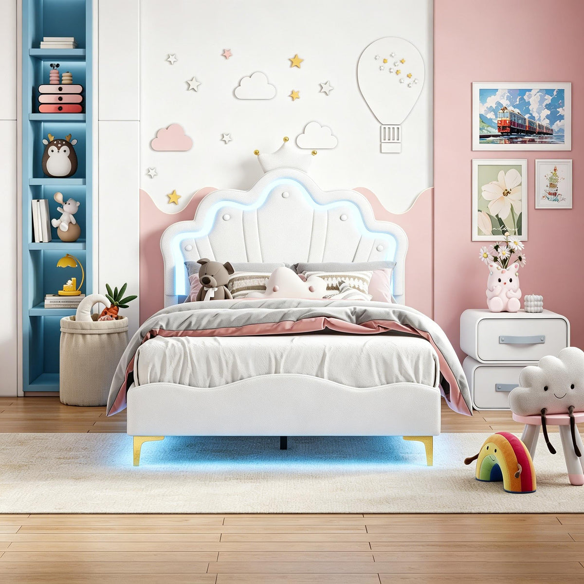Cama Infantil tapizada 140 x 200 cm con LED, Cama tapizada para niños 140 x 200 con cabecera Ajustable Marco de Camas, Camas de Princesa para Niña en Forma de Corona con Somier(Rosa, 140 x 200)