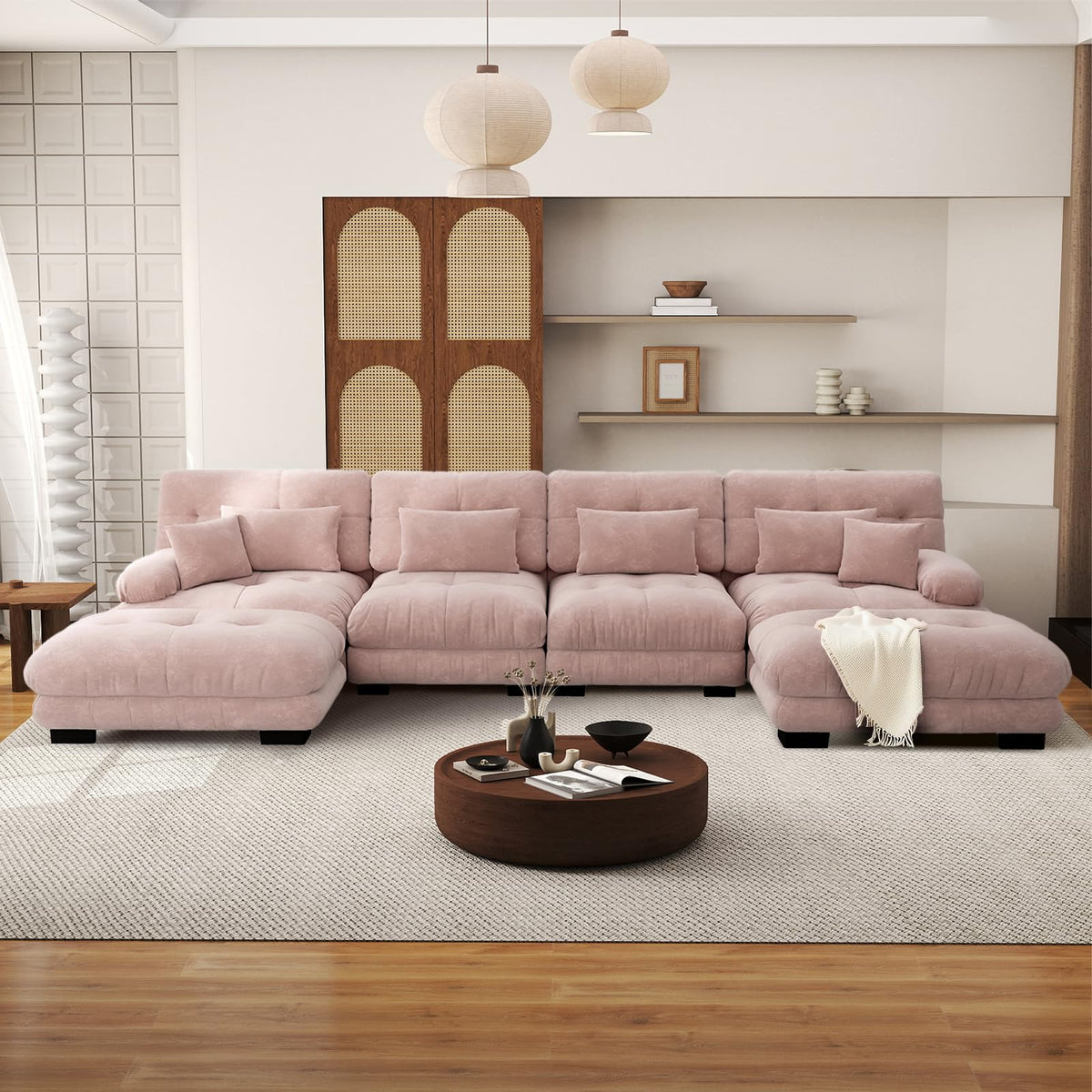 SoarFlash Sofá U Modular de 4 plazas para salón Moderno, sofá Nube de Tela Chenille con reposabrazos, Color Amarillo, 145×406 cm