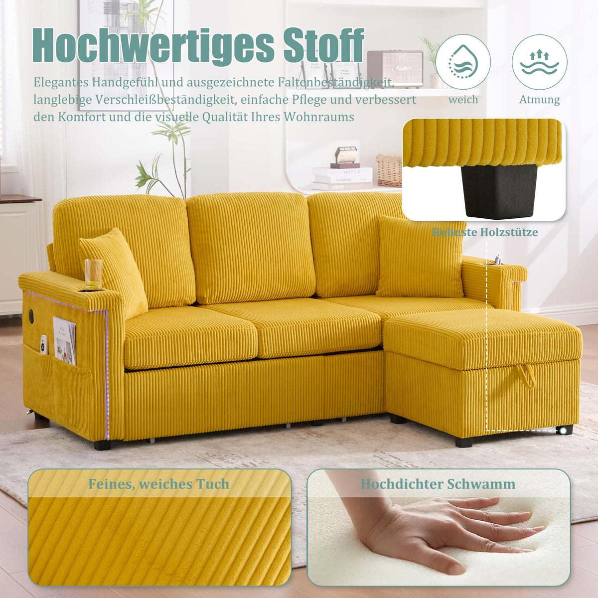 Lubvtti Sofá cama de 3 plazas moderno con función de cama, con espacio de almacenamiento, cargador USB, reposabrazos portaobjetos y 2 cojines, sofá de esquina en L, sofá de 3 plazas, chenilla (C-gris)