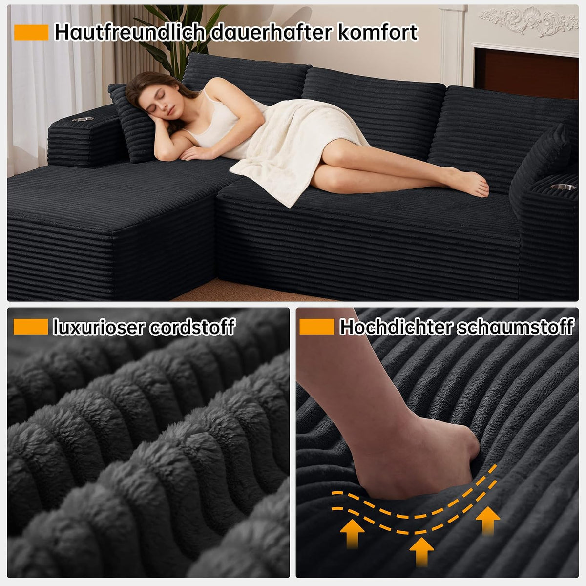 Sofa Modular sofás Comprimidos al vacío, Sofa Cama Chaise Longue 102 inch/261cm Sofá de Suelo Modular sin Estructura con Función de Dormir, Sofá para Salón o Apartamento, Negro