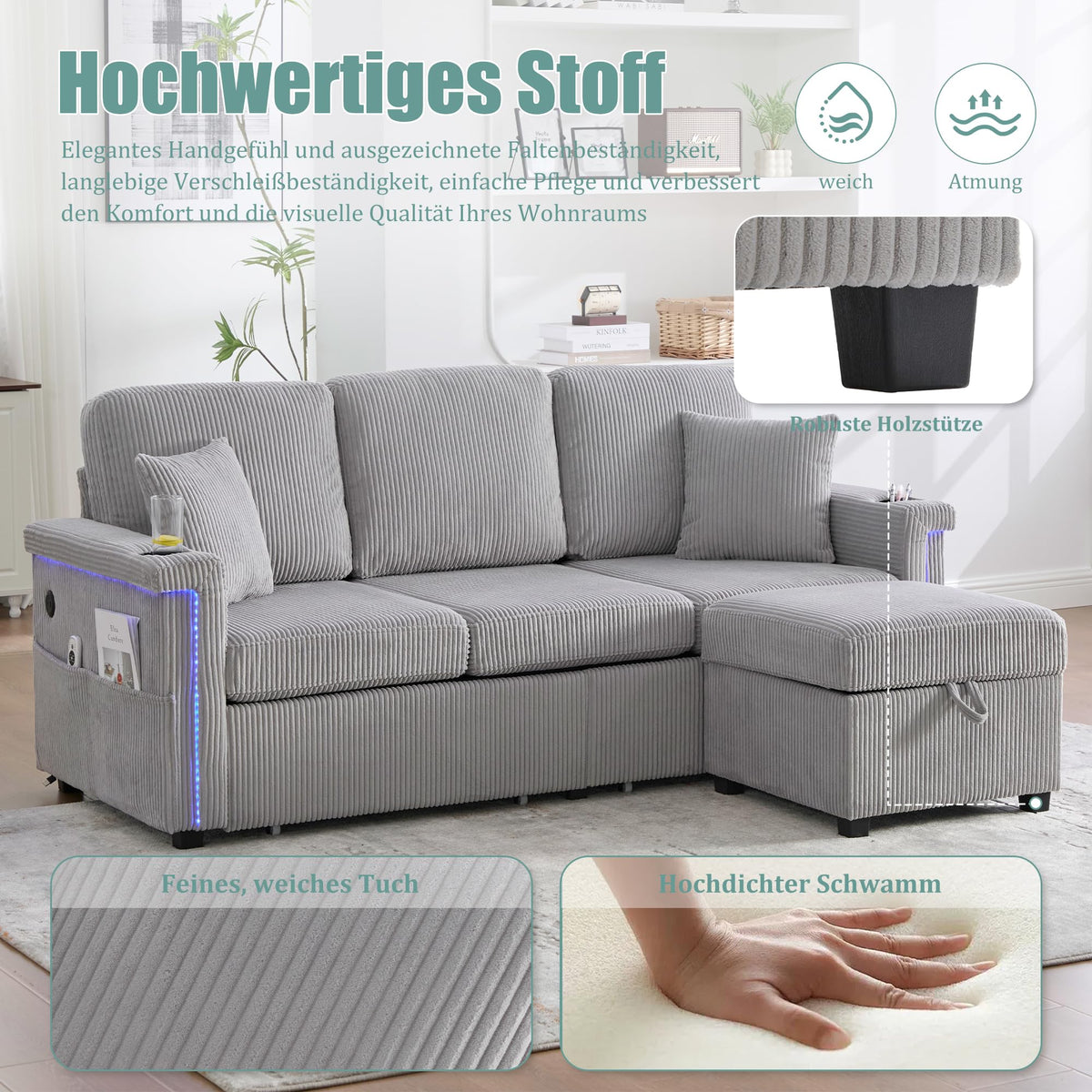 Dolamaní Sofá de terciopelo de 3 plazas con 2 cajones, soporte para bebidas, bolsillos laterales y reposapiés para sala de estar, dormitorio y oficina (beige)